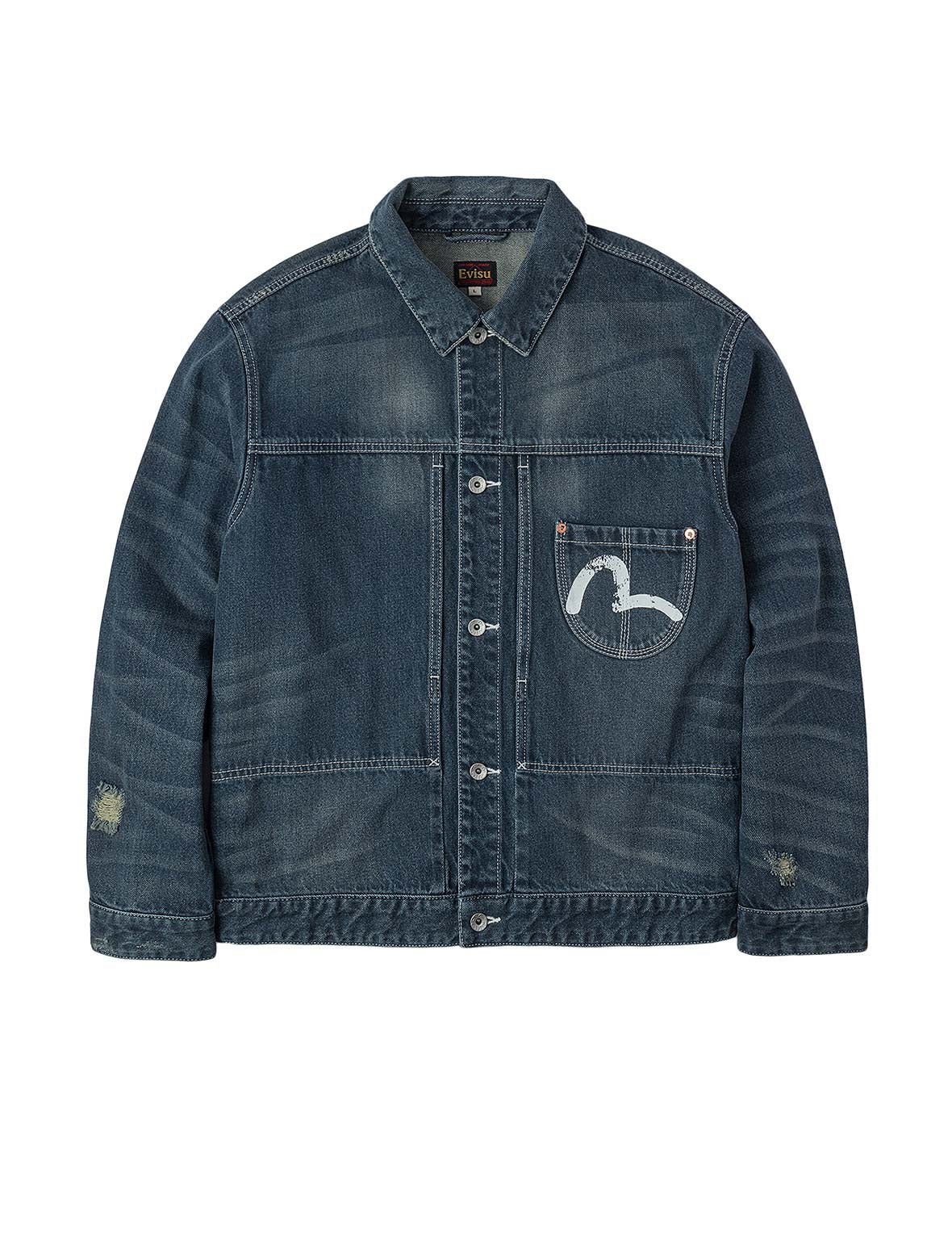 Distressed Seagull Print Relax Fit Washed Seagull Pocket Denim Jacket - 13
