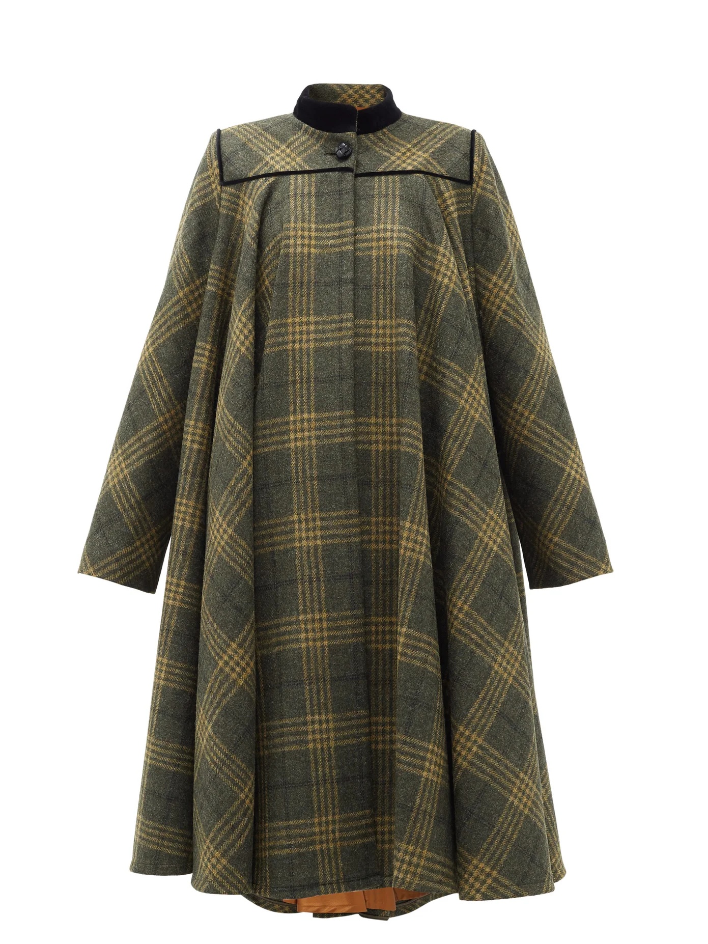 Velvet-collar checked-wool cape coat - 1