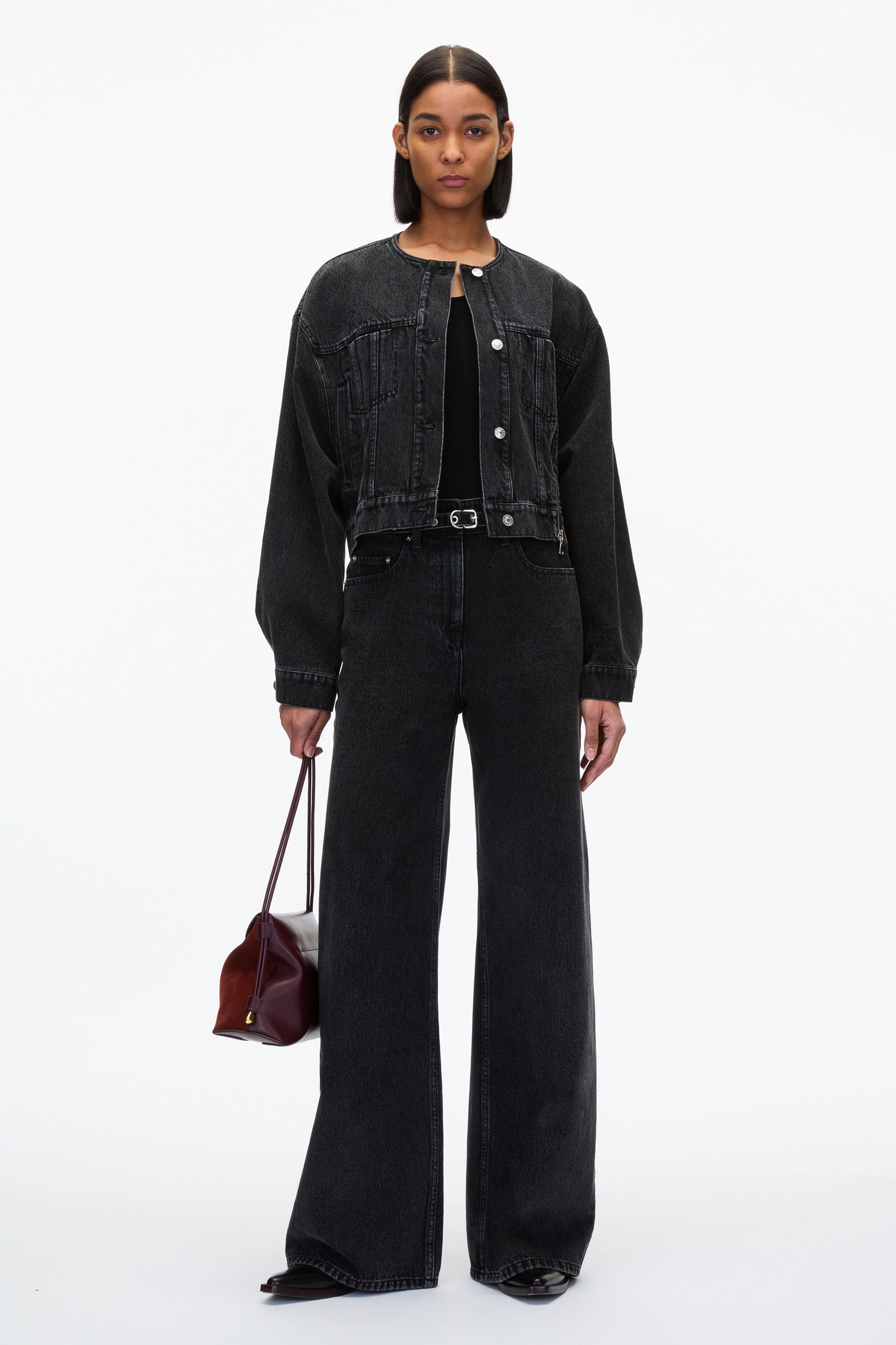 Crewneck Cropped Denim Jacket - 1