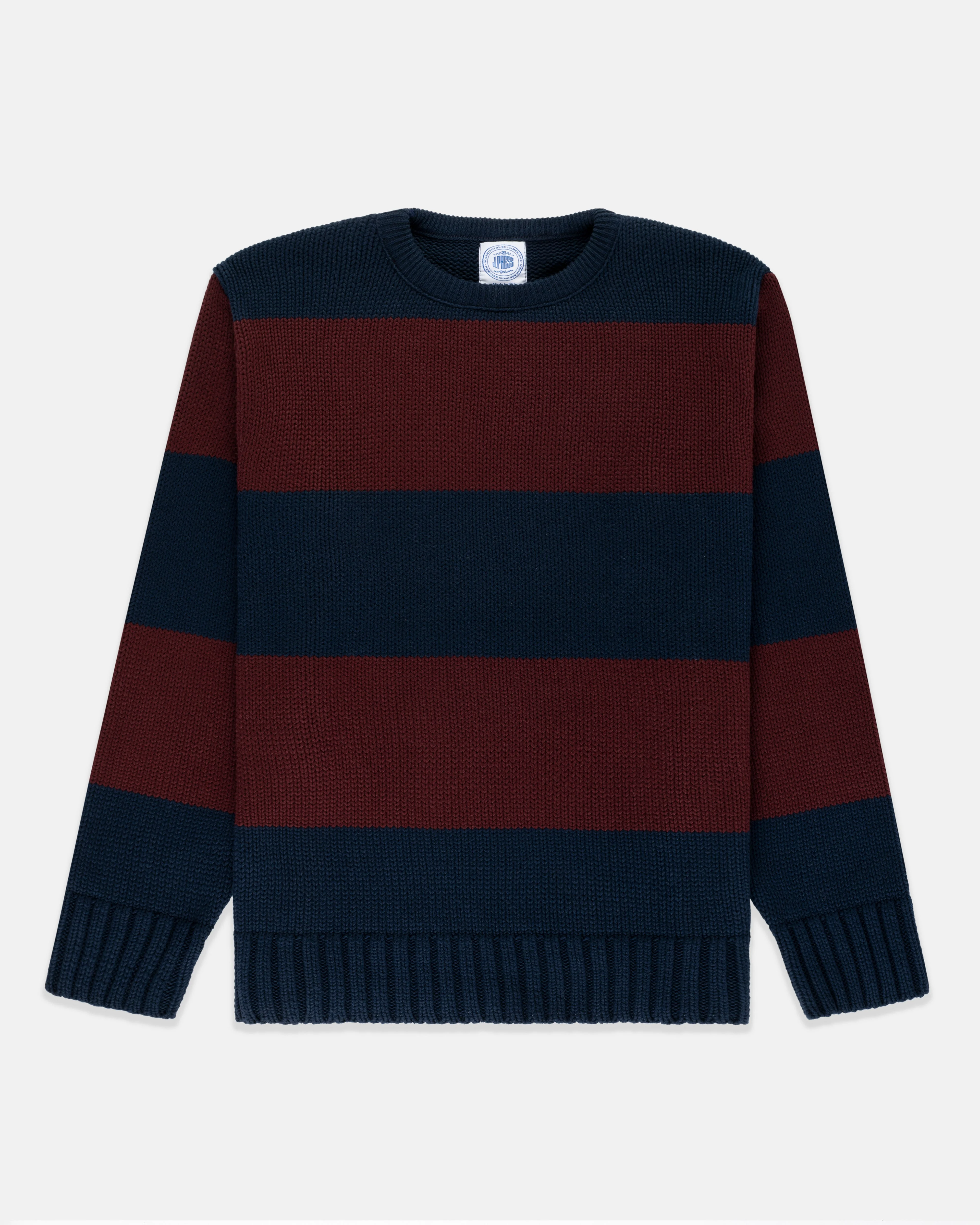 MADE-IN-USA NAVY & BURGUNDY CHUNKY COTTON STRIPE SWEATER - 1
