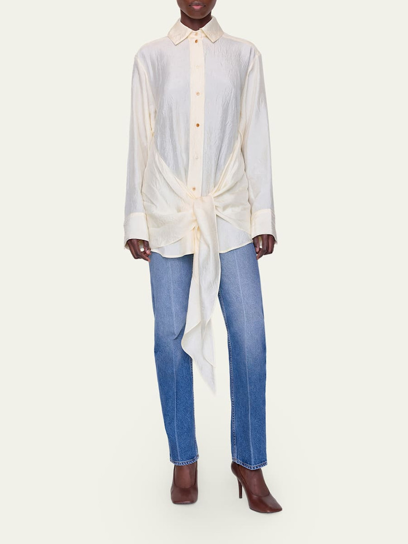 OSSOU Arroya Tie-Front Crinkled Satin Shirt outlook