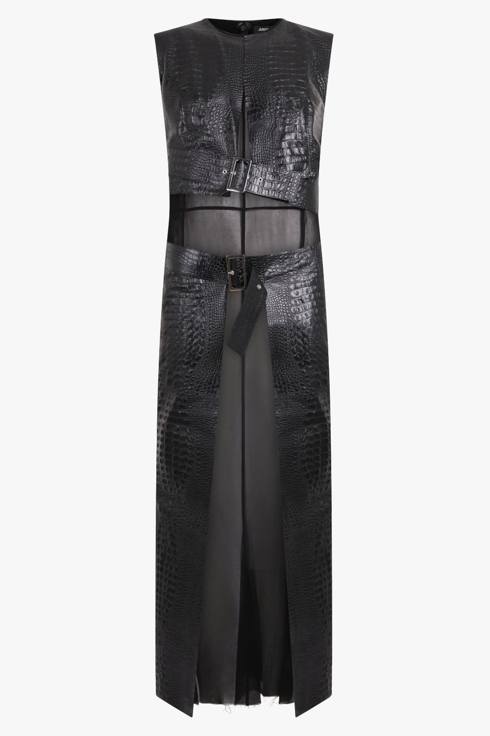 SYNTHETIC LEATHER BELTED VEST JACKET | BLACK - 1