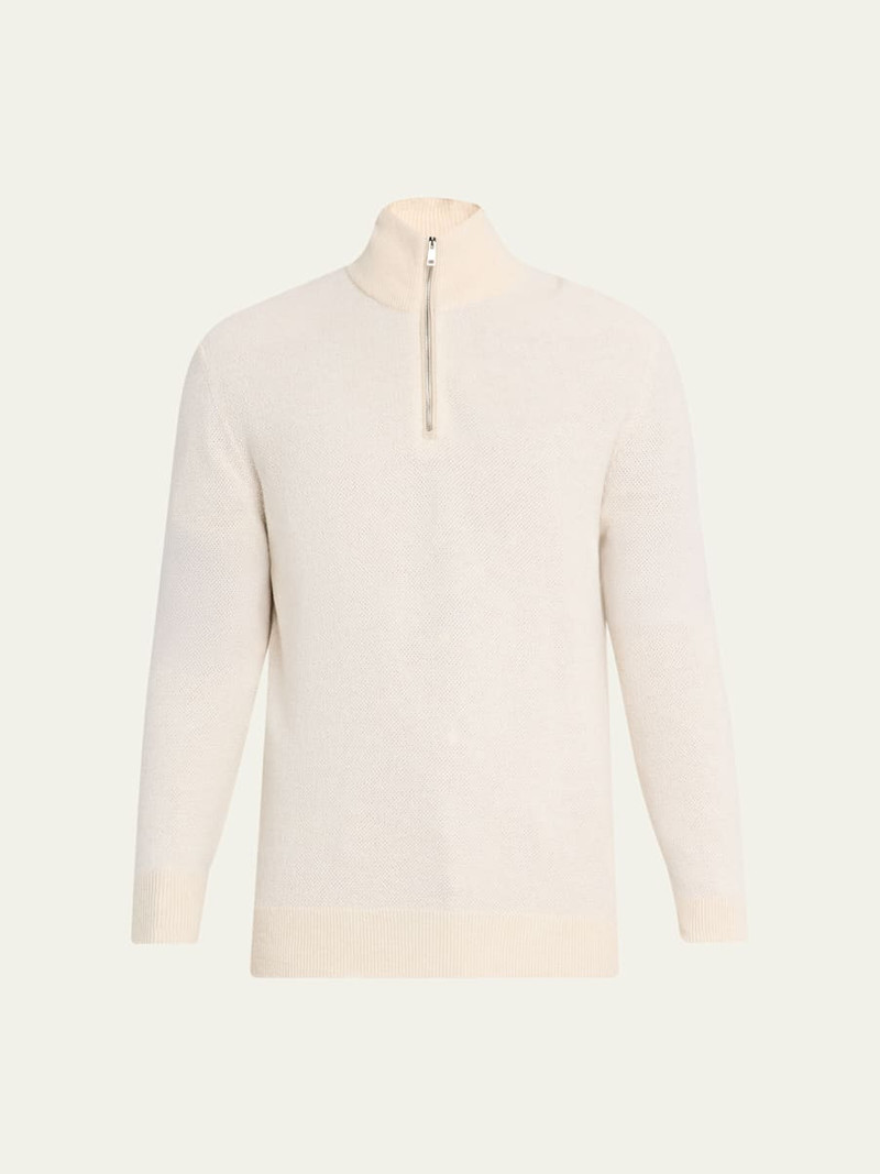 Men's Cashmere Birdseye Suede-Trim Quarter-Zip Sweater 1