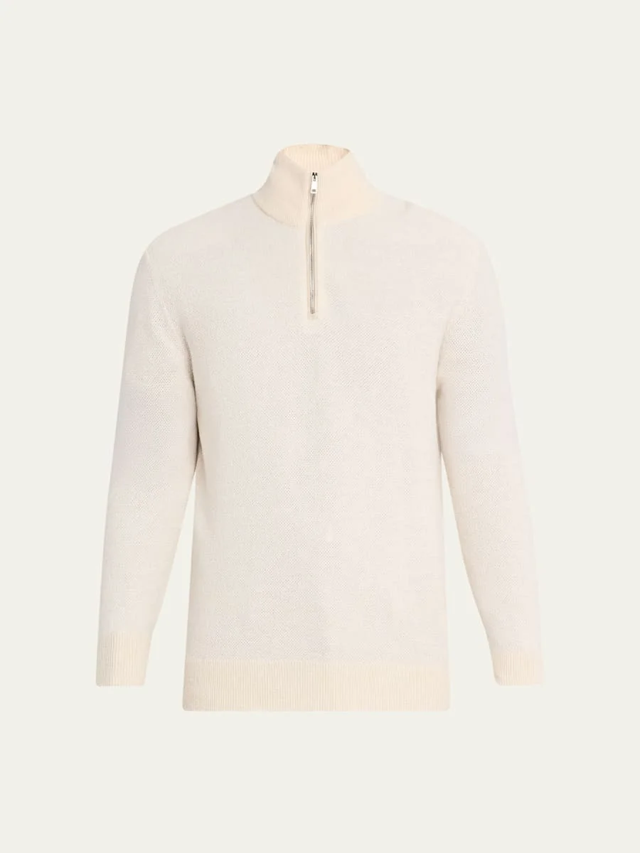 Men's Cashmere Birdseye Suede-Trim Quarter-Zip Sweater - 1