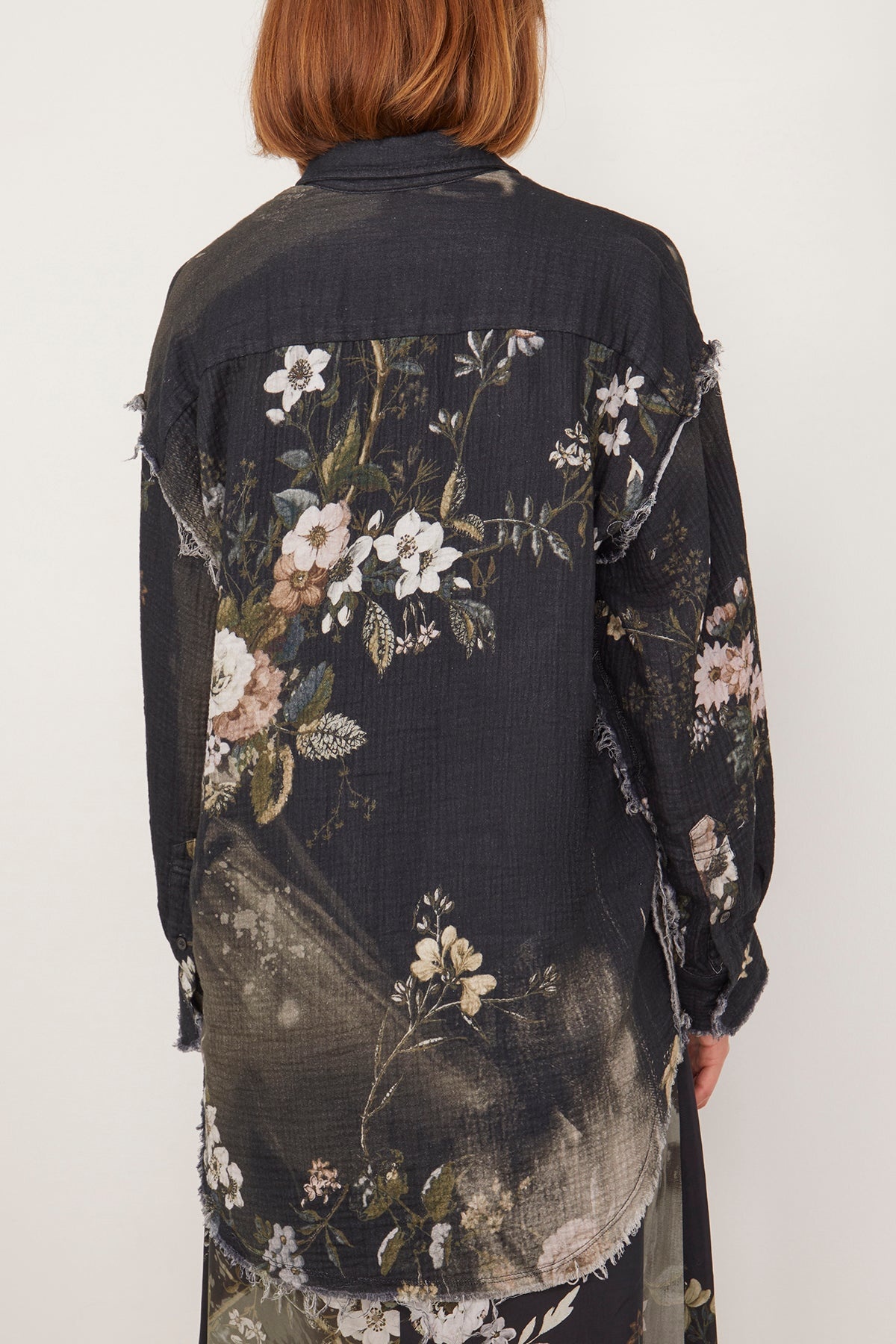 Shredded Seam Drop Neck Shirt in Black Bleached Floral - 4