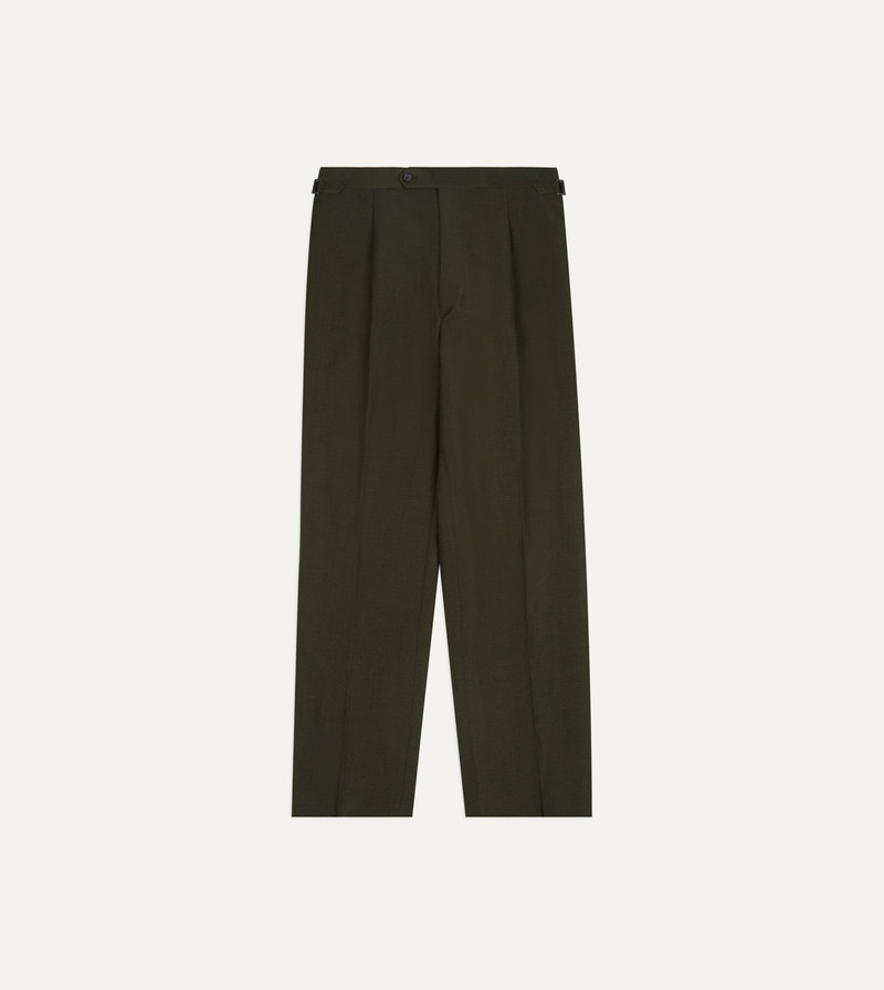 Khaki Green Linen-Wool Single Pleat Trouser - 1