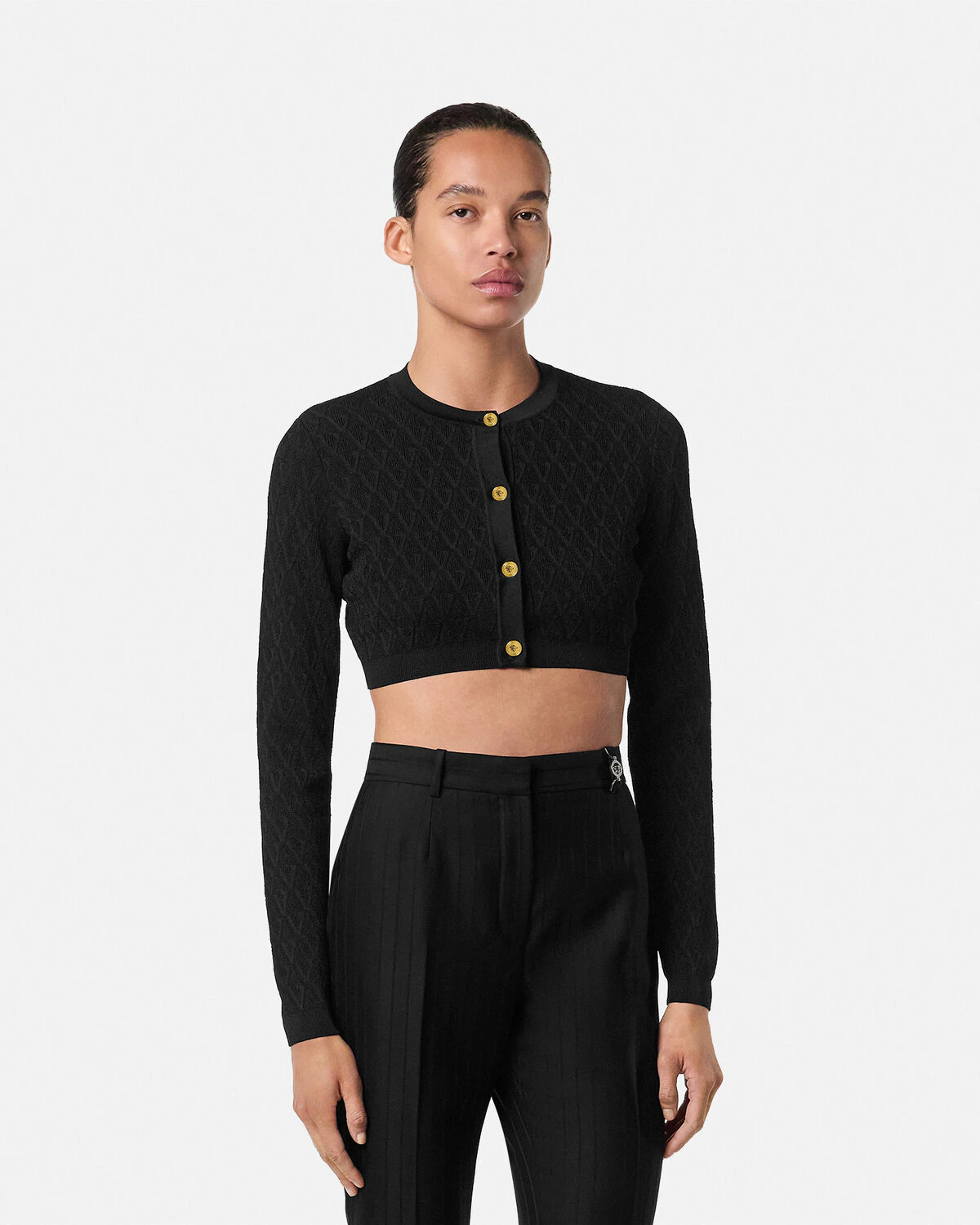 V Allover Jacquard Knit Crop Cardigan - 4