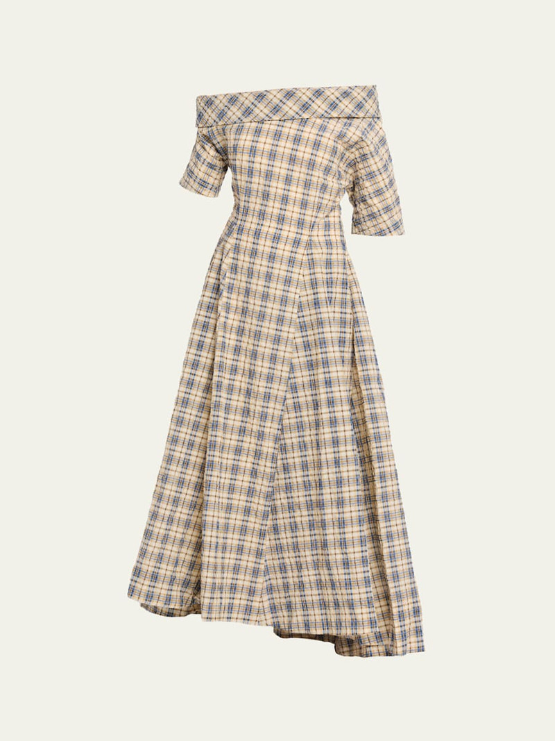 Bowery Off-The-Shoulder Check Seersucker Asymmetric Dress 1