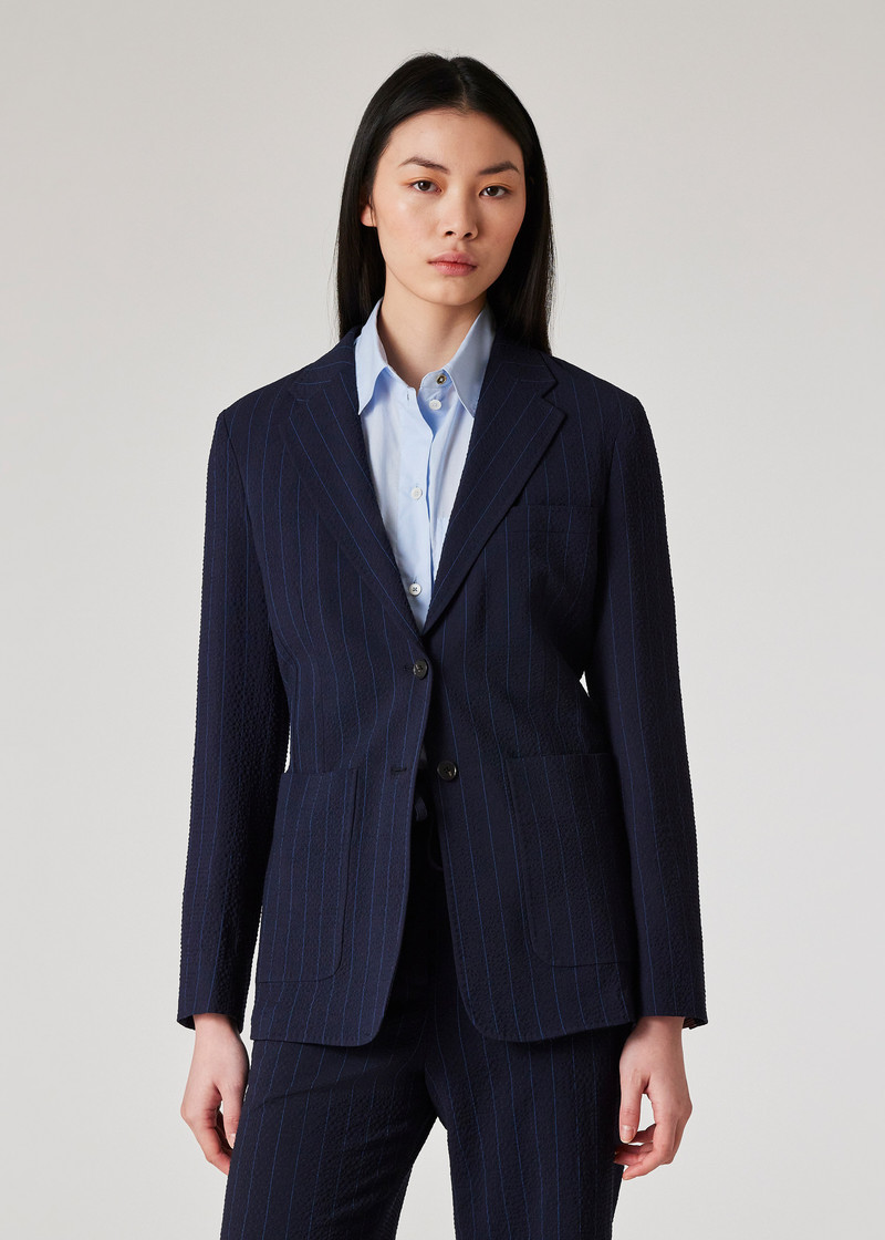 여성 모직 블렌드 해군 Seersucker Pinstripe 블레이저 6