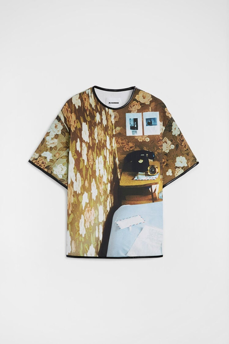 Printed T-Shirt with Leather Trim 1