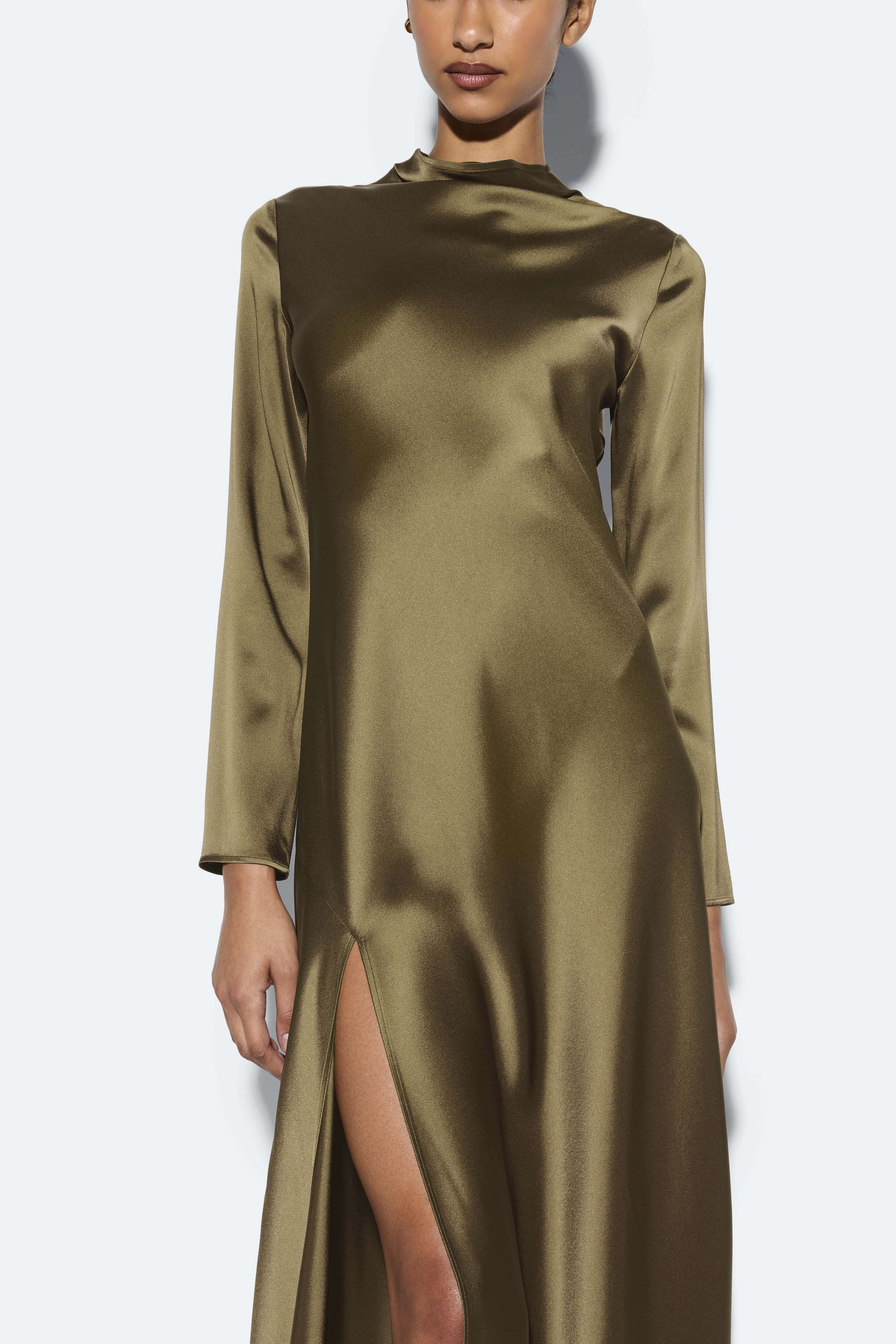 Satin Draped Neck Bias Dress - 3