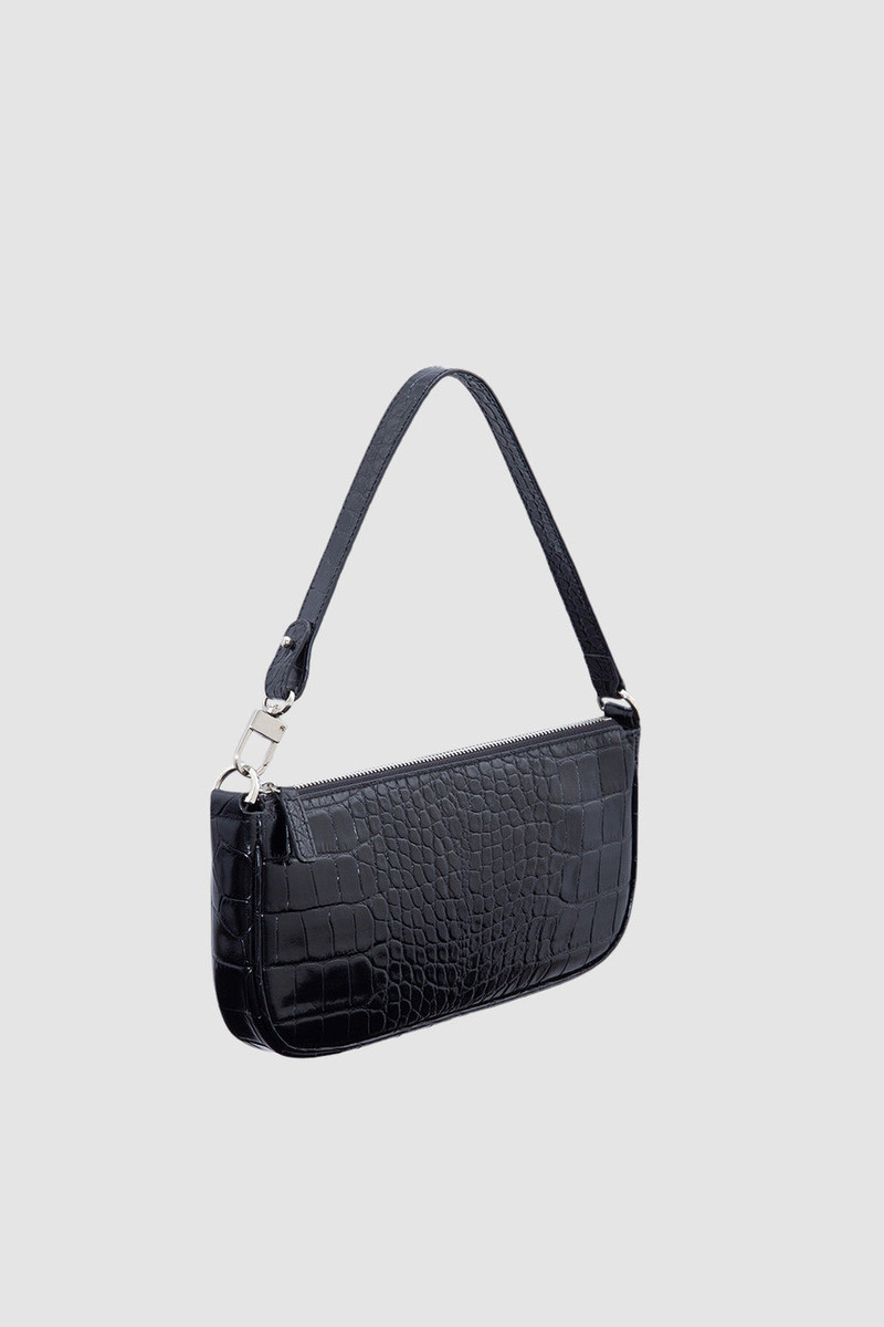BY FAR Rachel Black Croco Embossed Leather Shoulder Bag outlook