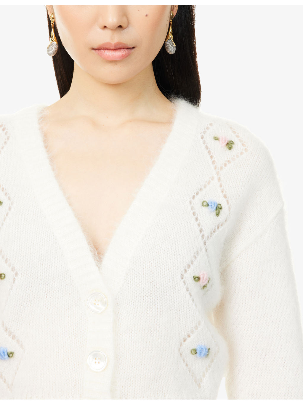 Flower-Embroidery Crop Knitted Cardigan - 5