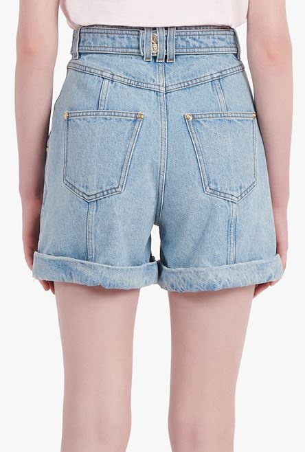 Light blue eco-designed denim high-waisted shorts with Balmain buckle - 6
