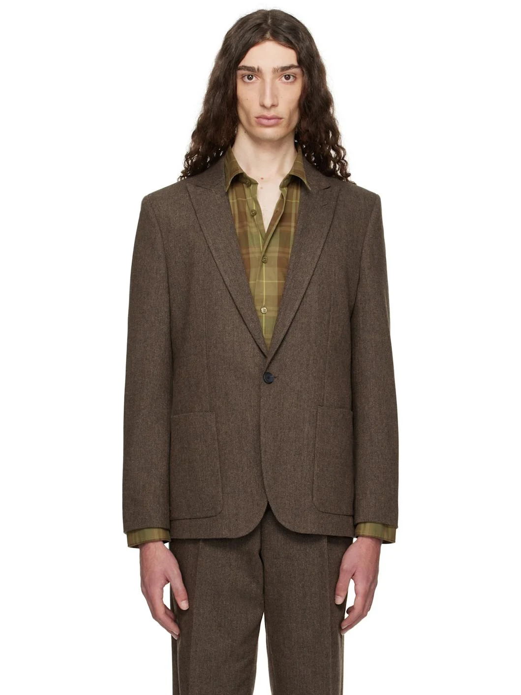 Brown Extra-Slim-Fit Herringbone Blazer - 1