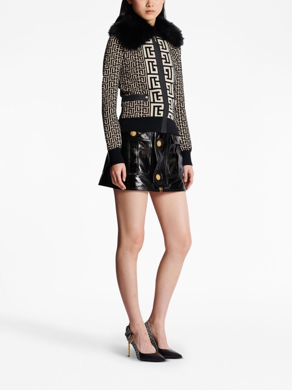 faux fur collar monogram jacket - 3
