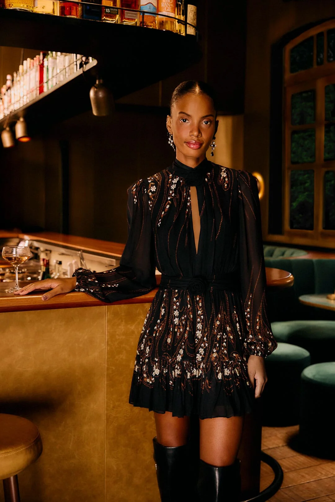 Black Garden 3D Rose Long Sleeve Ruffled Mini Dress - 1