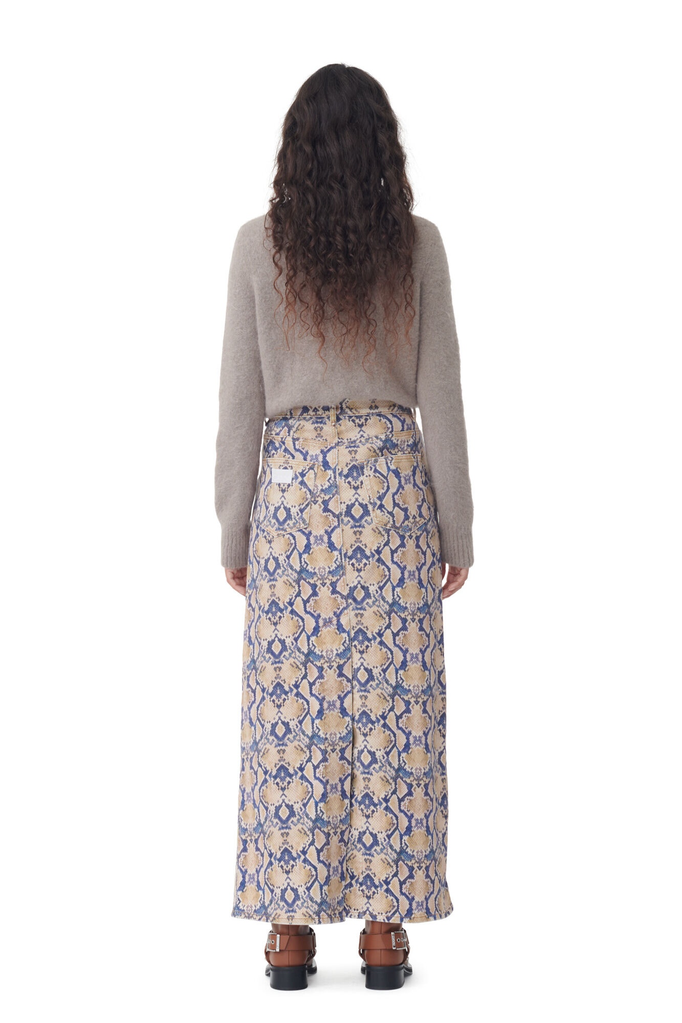 SNAKE PRINTED DENIM MAXI SLIT SKIRT - 5