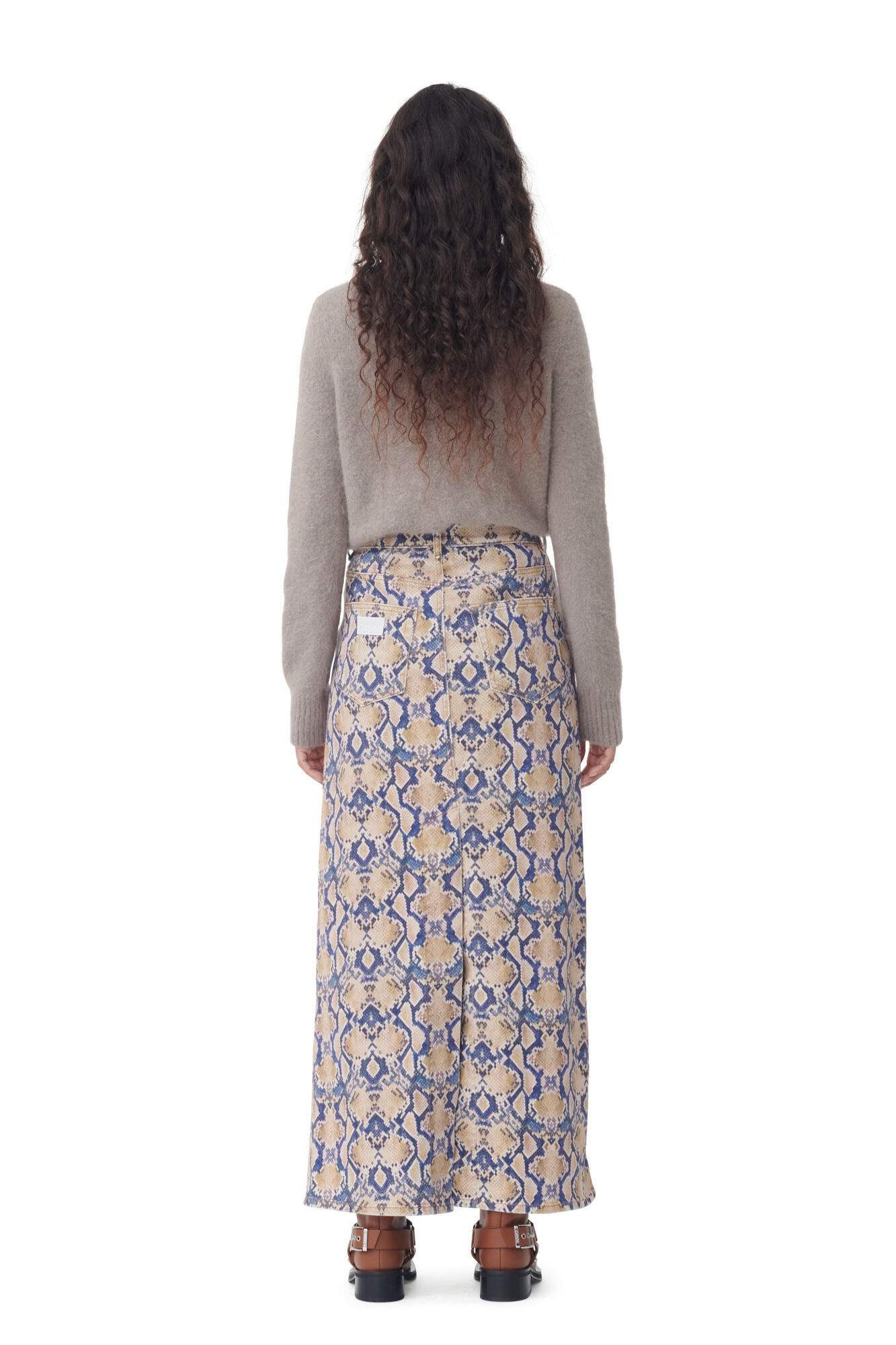 SNAKE PRINTED DENIM MAXI SLIT SKIRT - 4