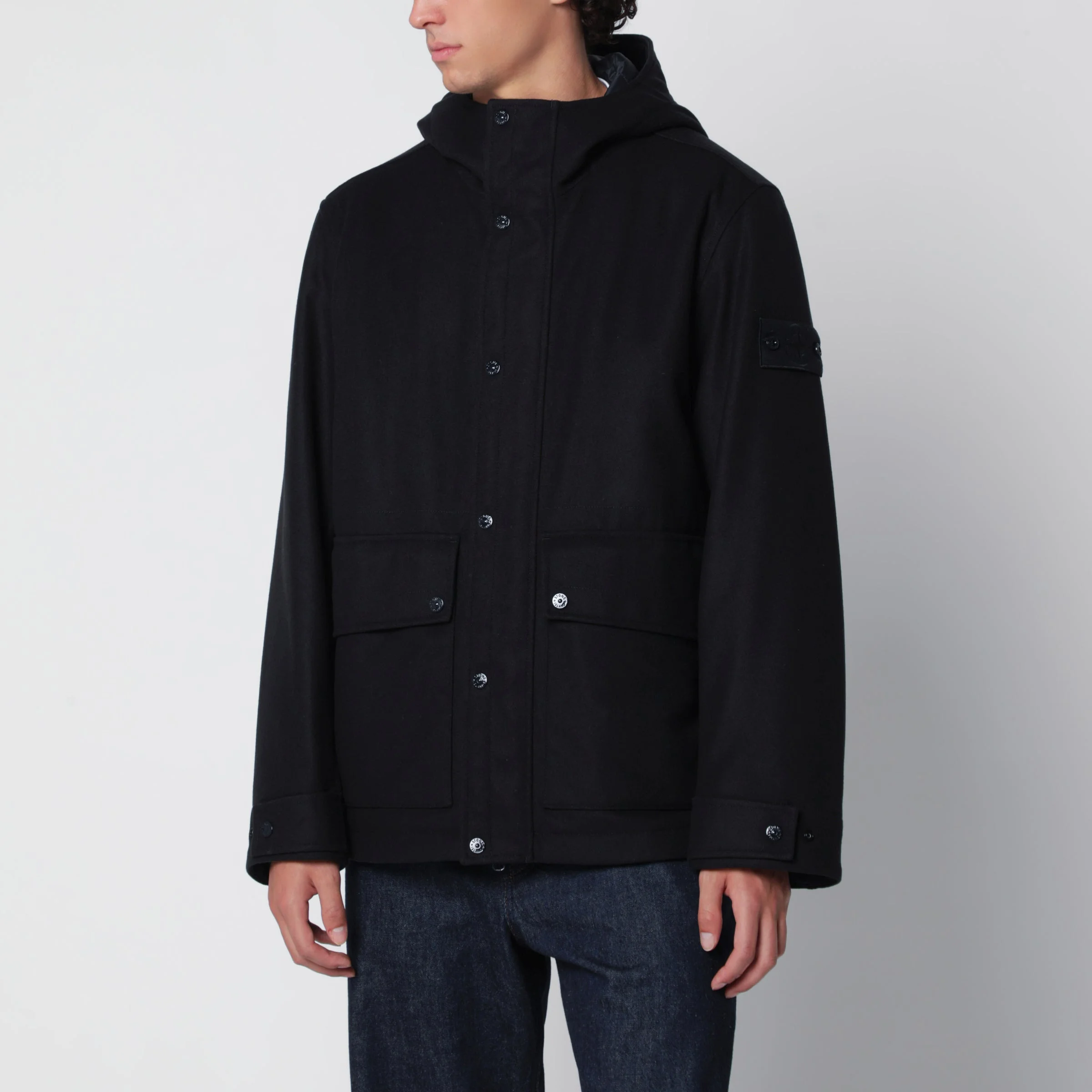 Navy blue hooded jacket in wool blend - 1