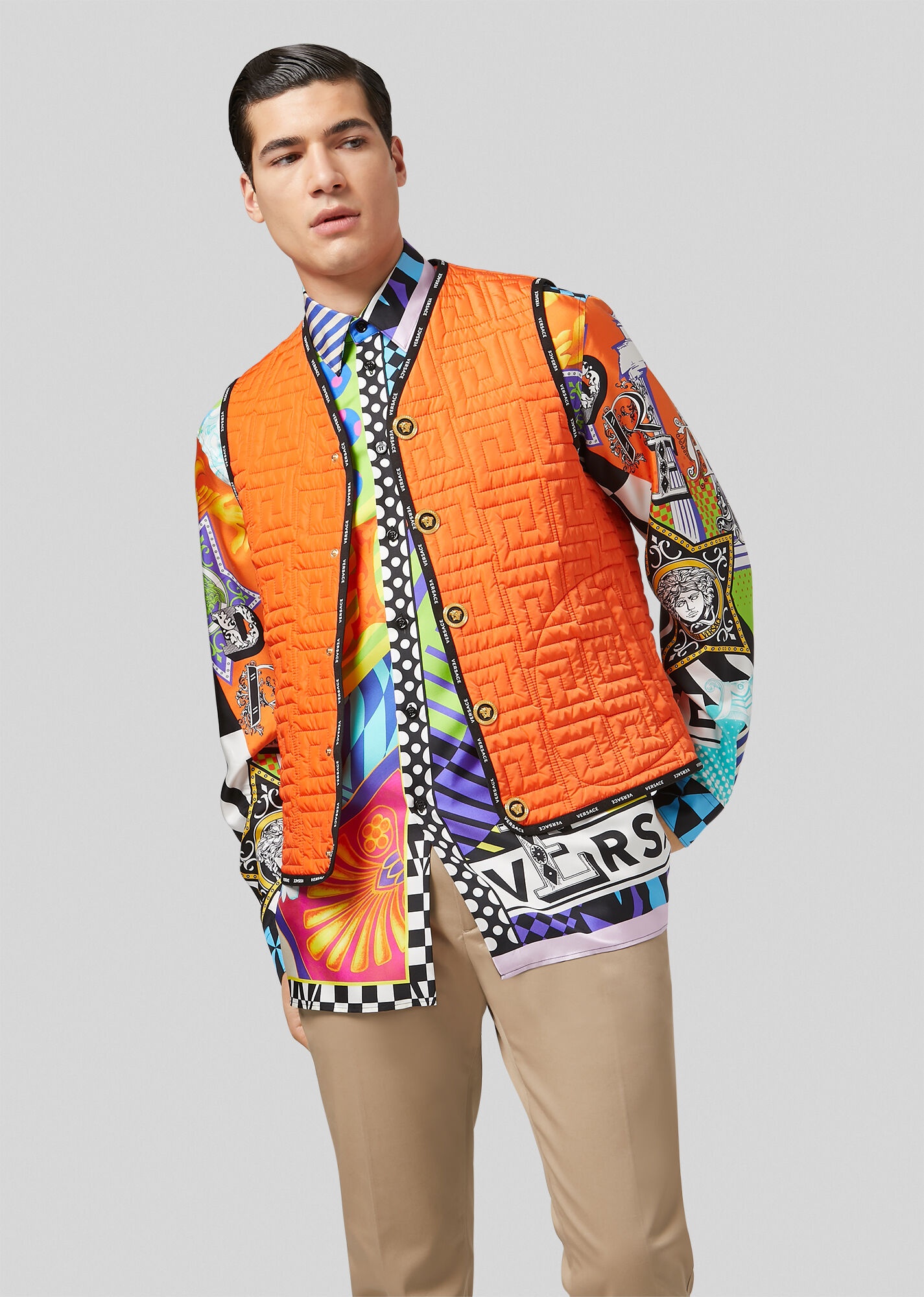 Greca Pattern Quilted Button-Up Vest - 3