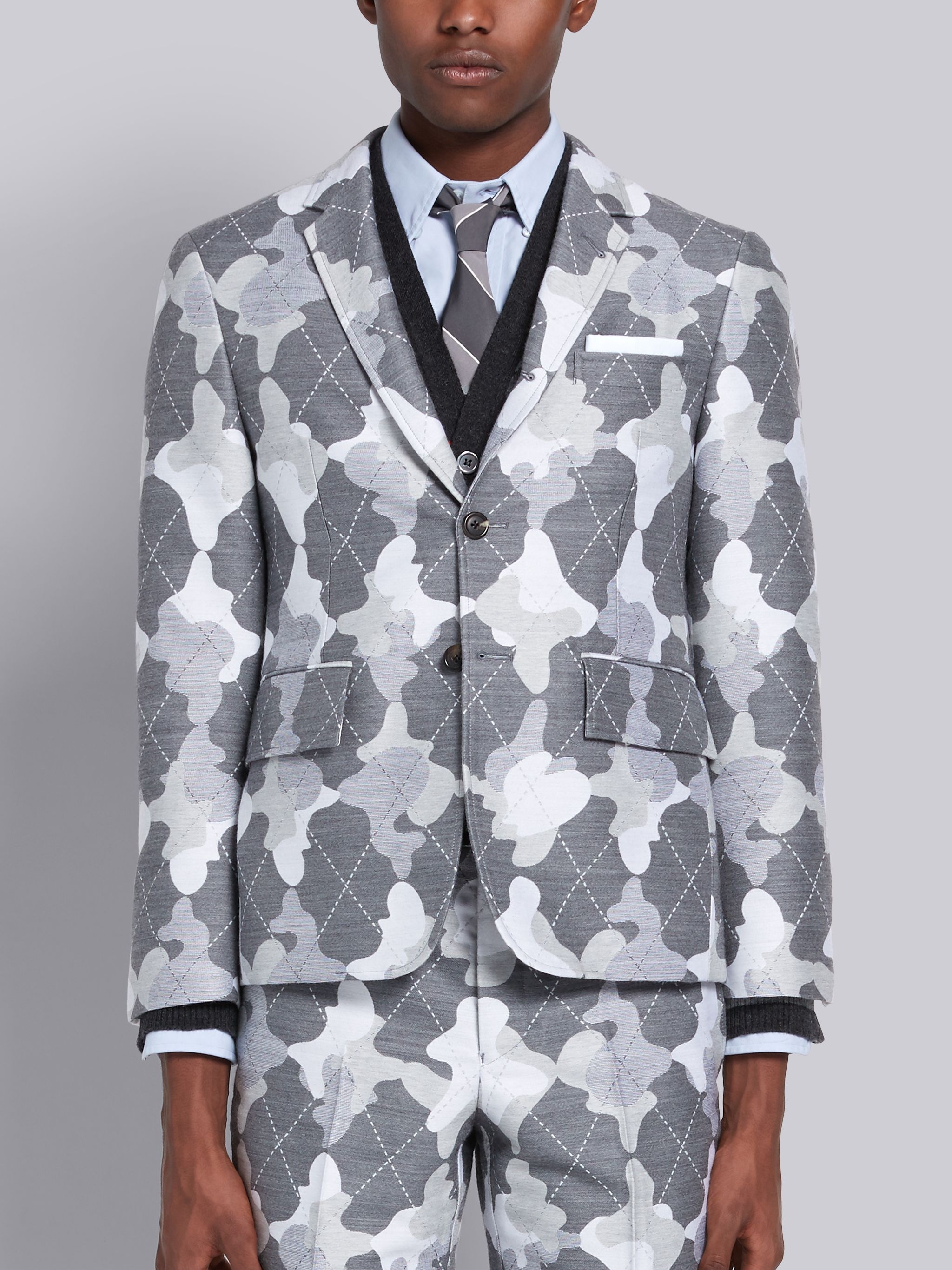 Medium Grey Wool Argyle Camo Print Classic Sport Coat - 1