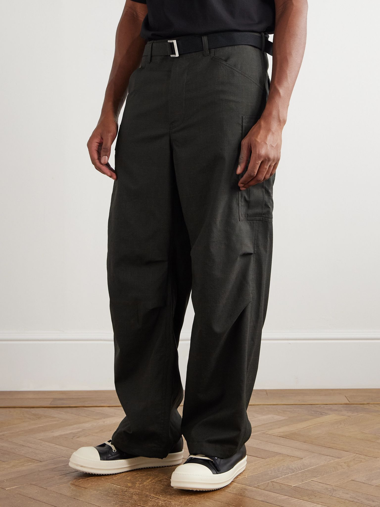 Straight-Leg Belted Prince of Wales Checked Wool Cargo Trousers Brown - 3
