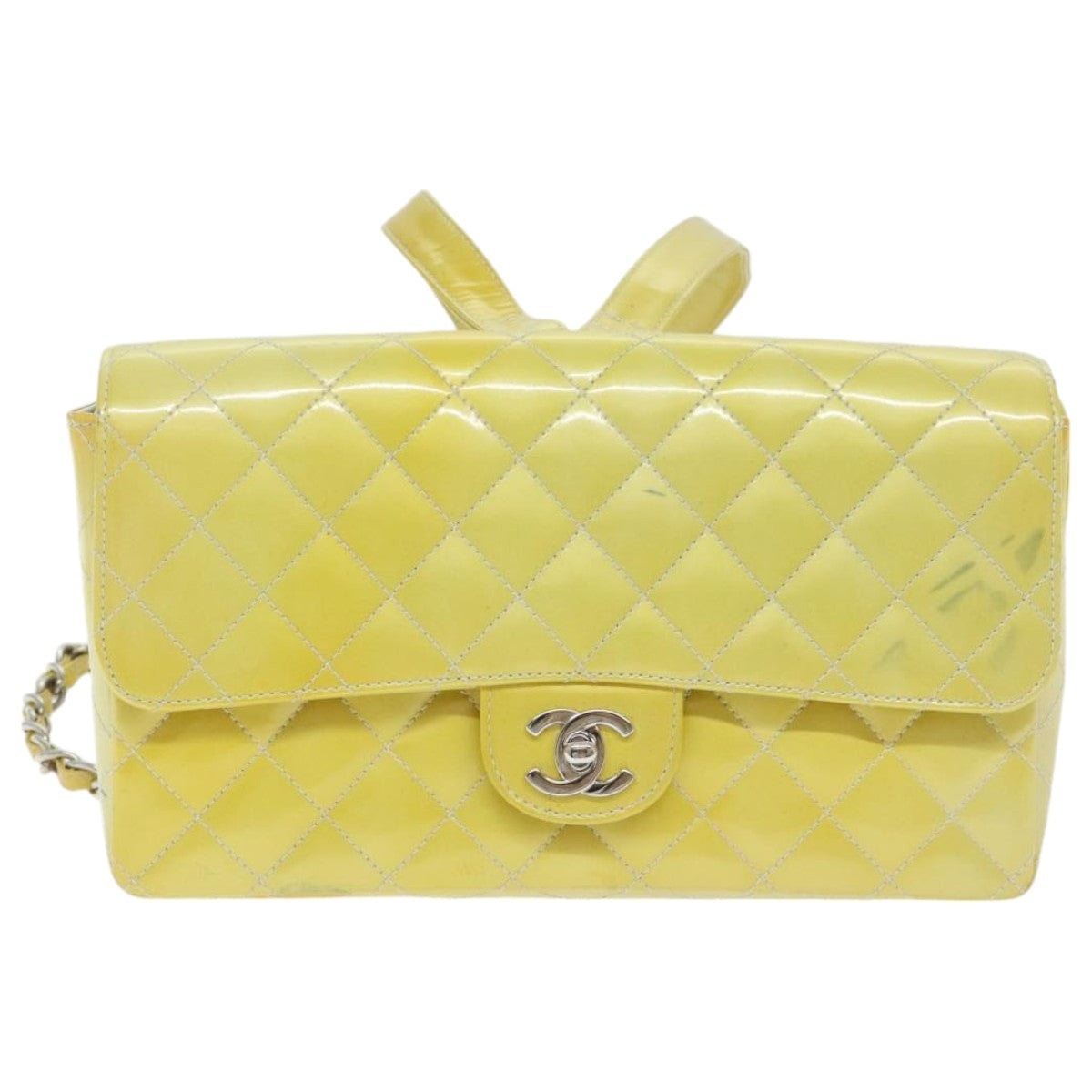 CHANEL Matelasse Backpack Patent Leather Yellow Silver CC - 13