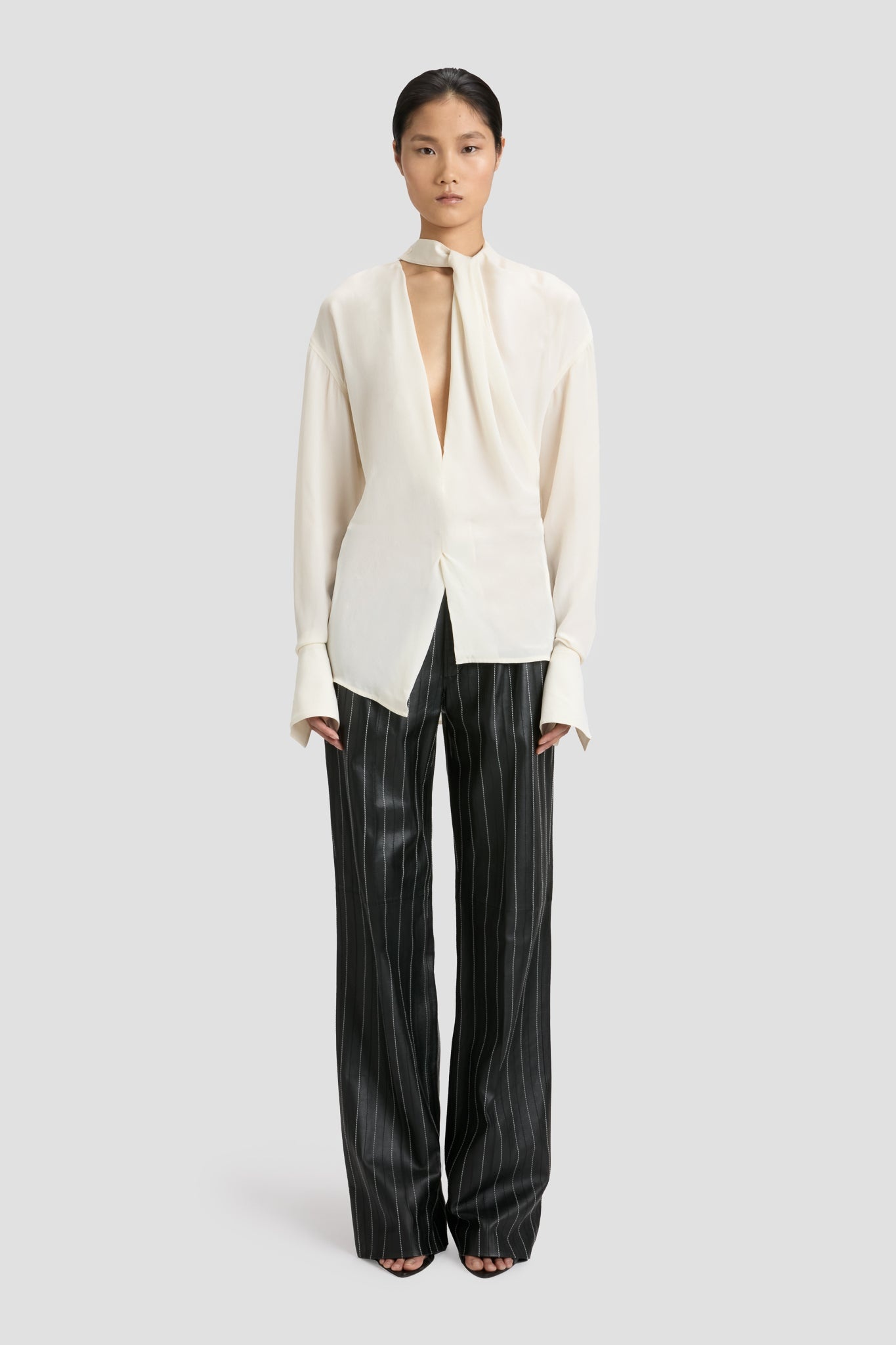 Double Pleat Leather Trouser In Black-Ivory - 2