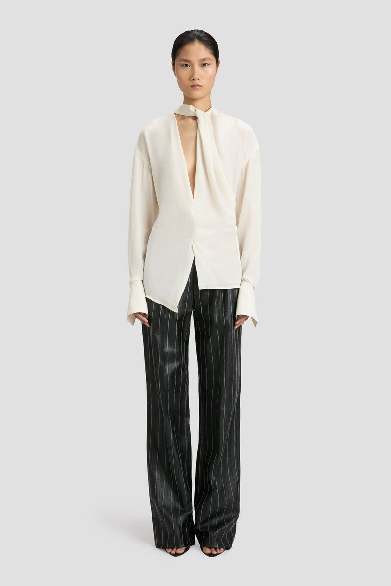 Victoria Beckham Double Pleat Leather Trouser In Black-Ivory outlook