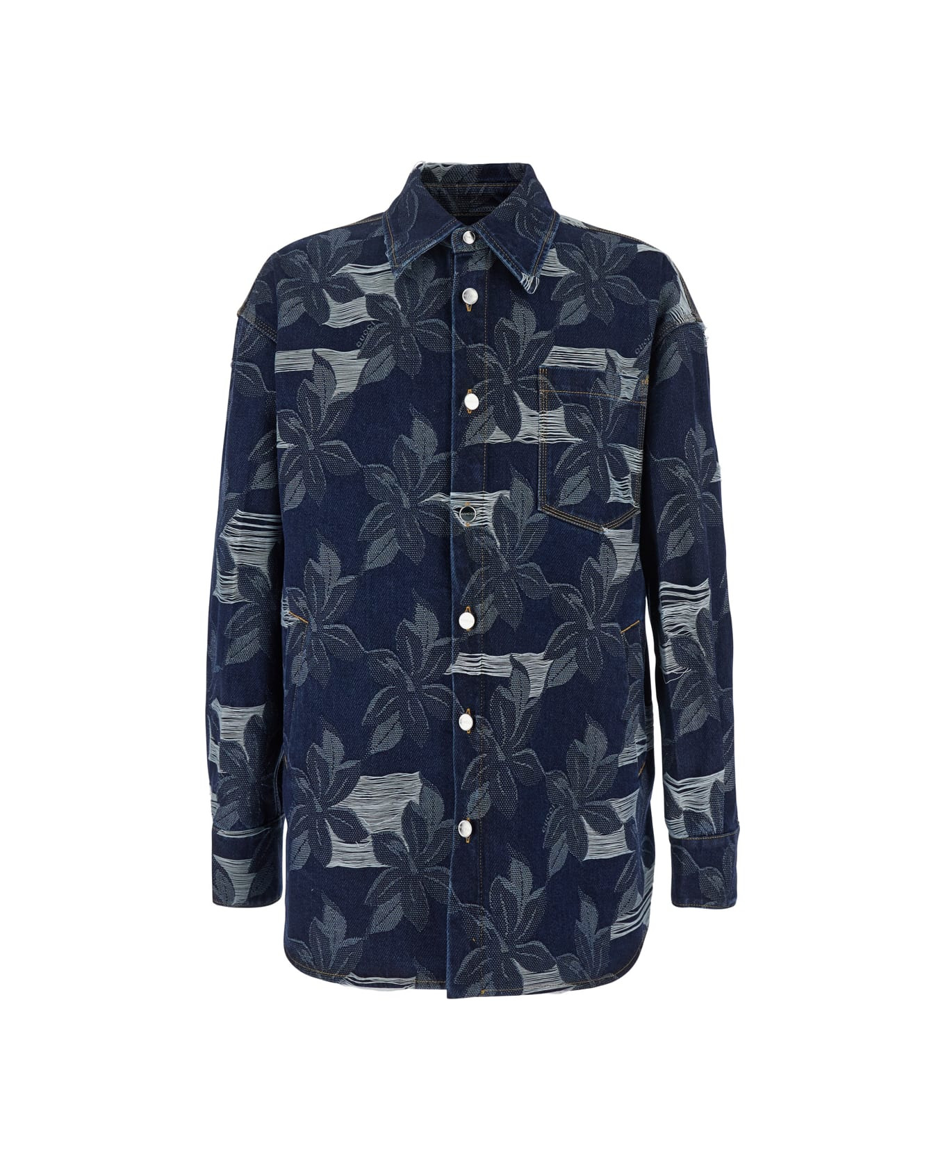 Blue Jacket With All-over Floral Motif And Ripped Details In Denim Man - 1