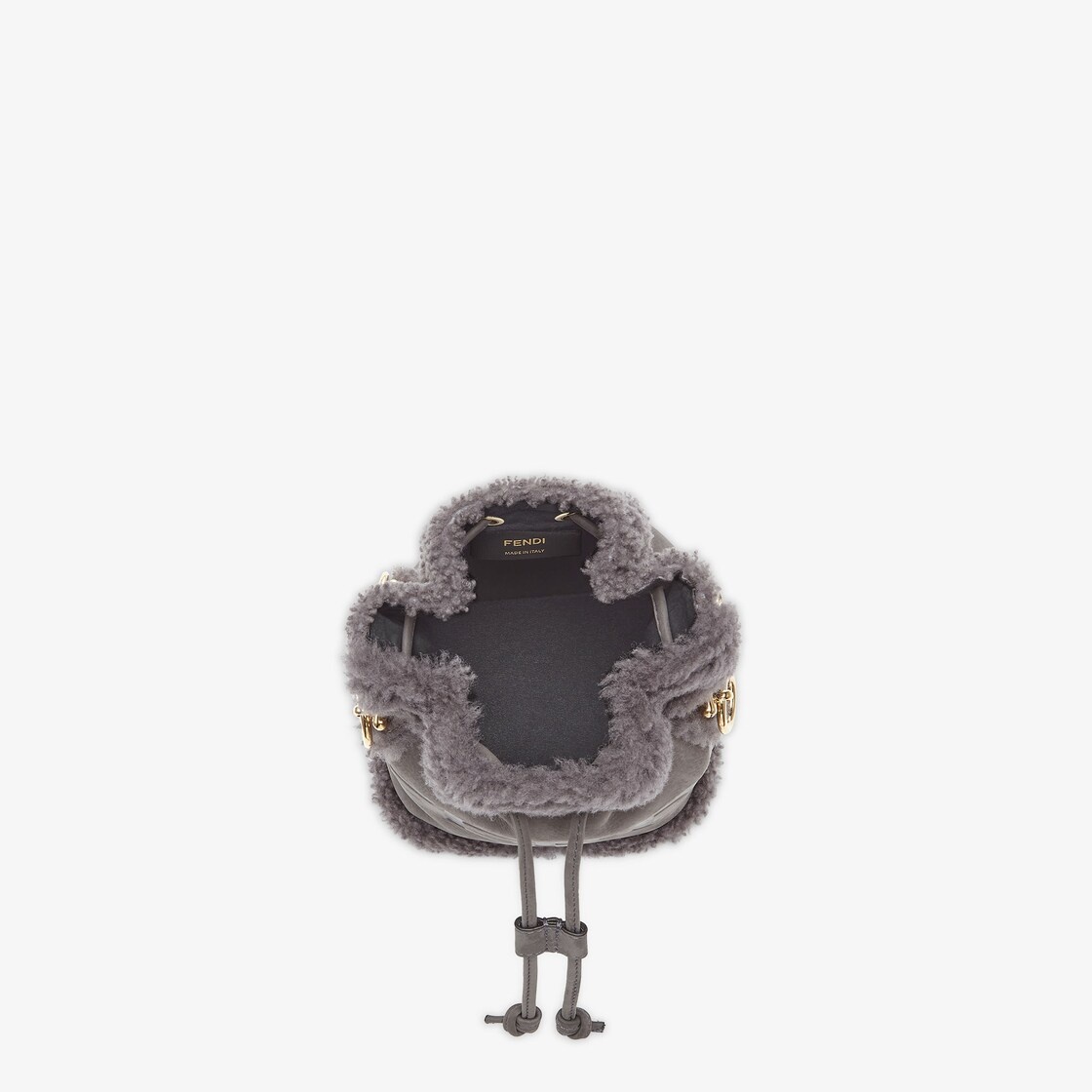 Small Mon Tresor bucket bag made of anthracite gray nubuck, embellished with tone on tone sheepskin  - 4