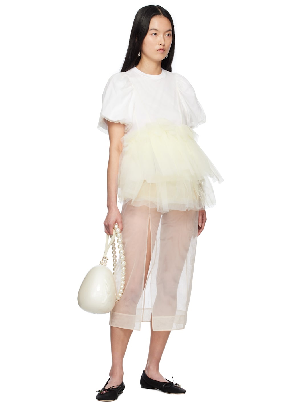 White Tulle Overlay Puff Sleeve Tutu Hem T-shirt - 4