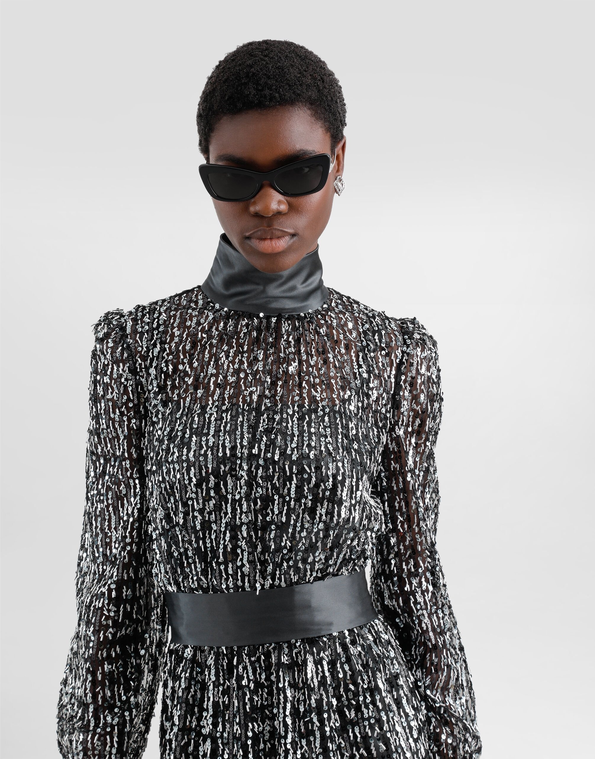 Midi dress with vertical sequin stripe embroidery - 5