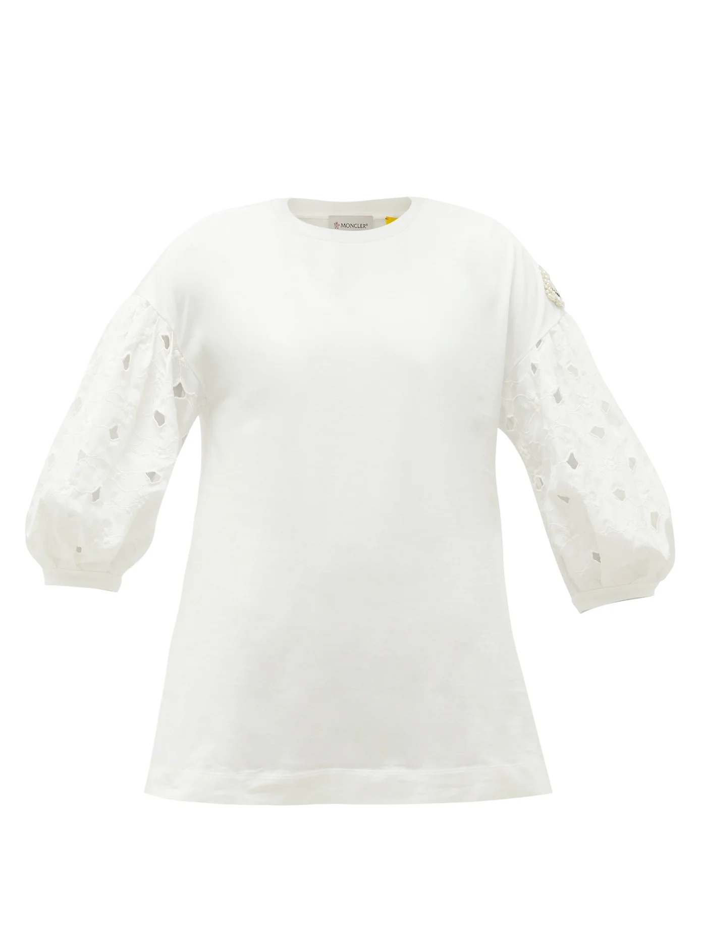 Broderie anglaise-sleeved cotton-jersey T-shirt - 1