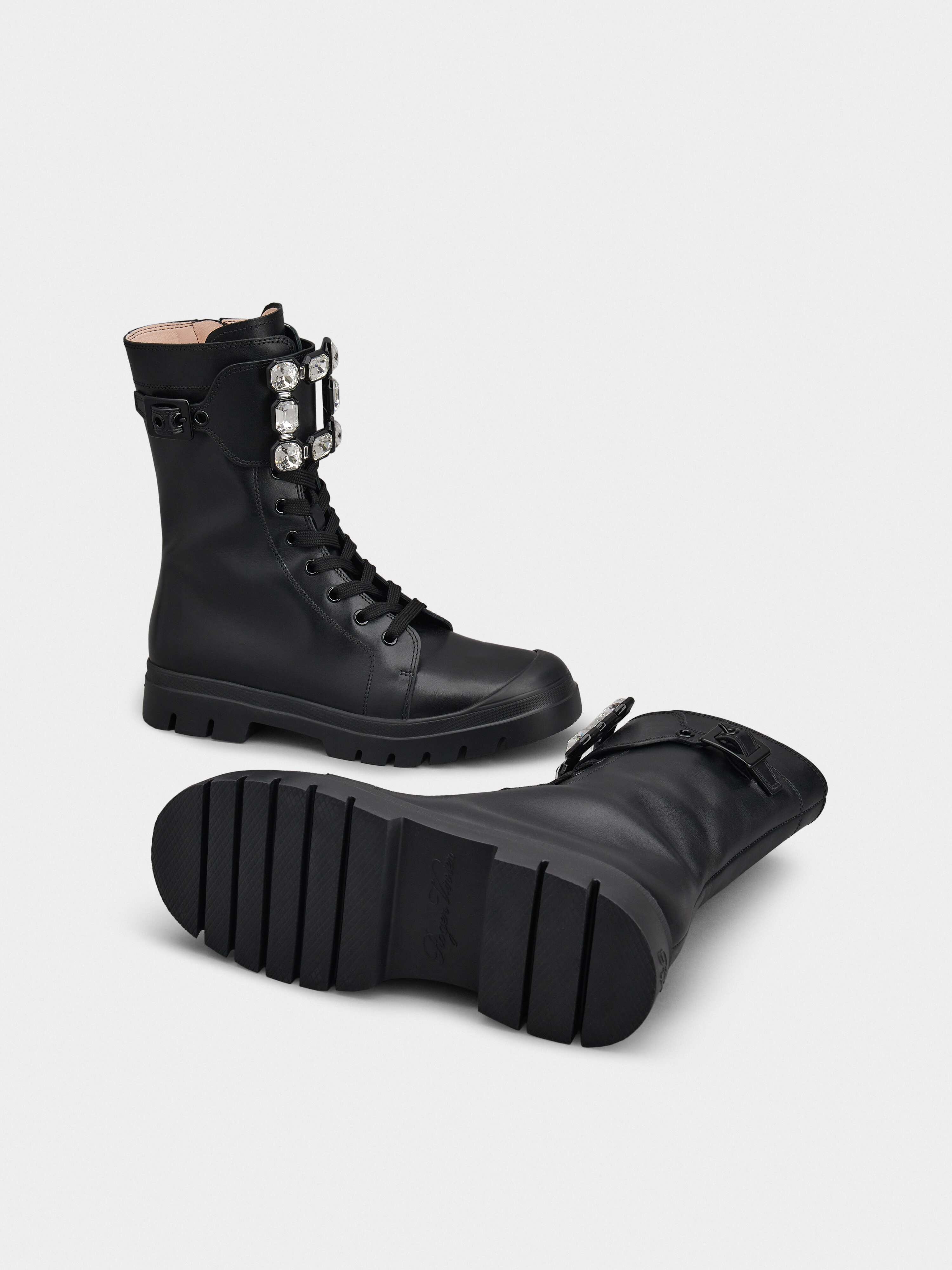 Walky Viv' Strass Buckle Lace Up Boots in Leather - 6