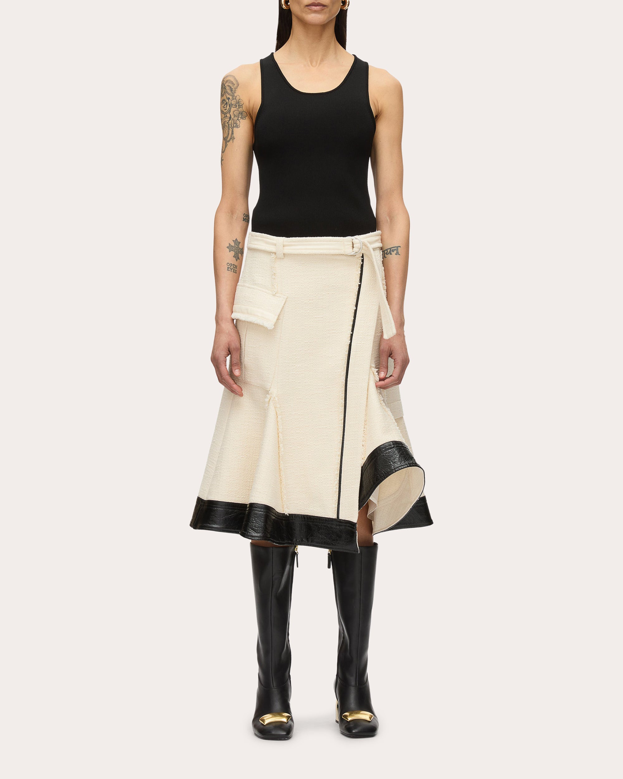 Belted Faux Leather-Trim Tweed Skirt - 4