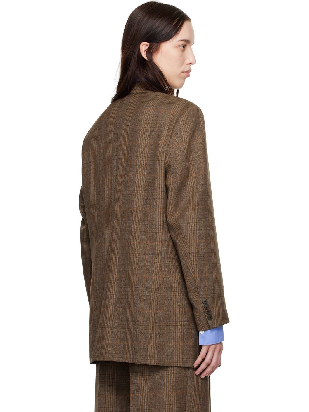 Brown Bluefaced Wool Check Double-Breasted Blazer - 3