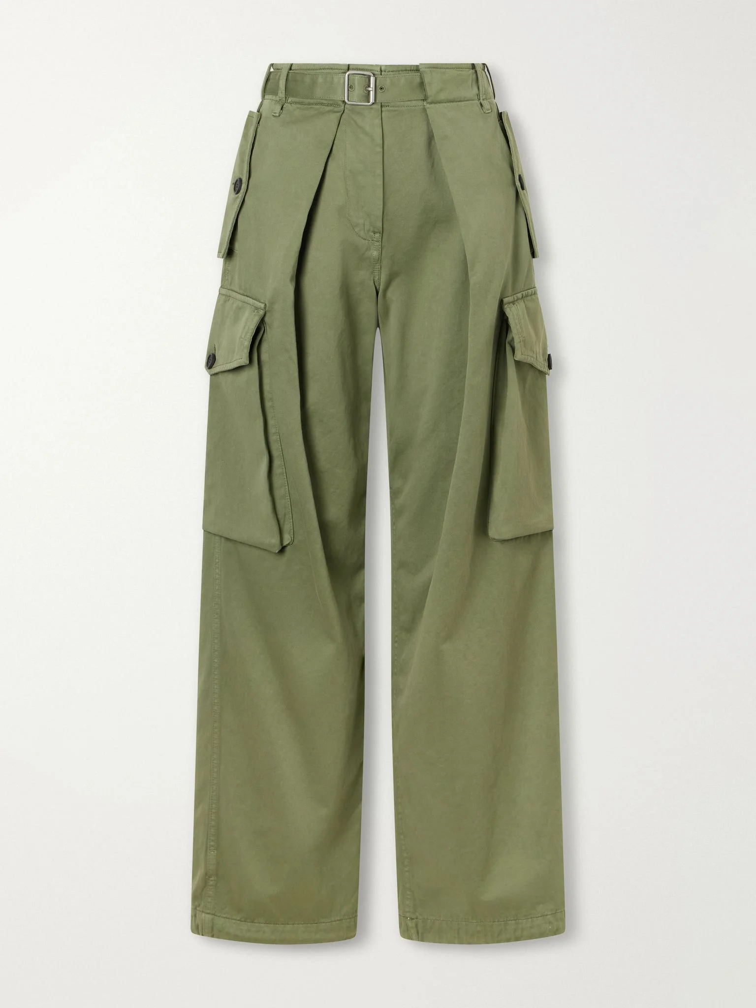 Belted pleated cotton-gabardine wide-leg cargo pants Army green - 1