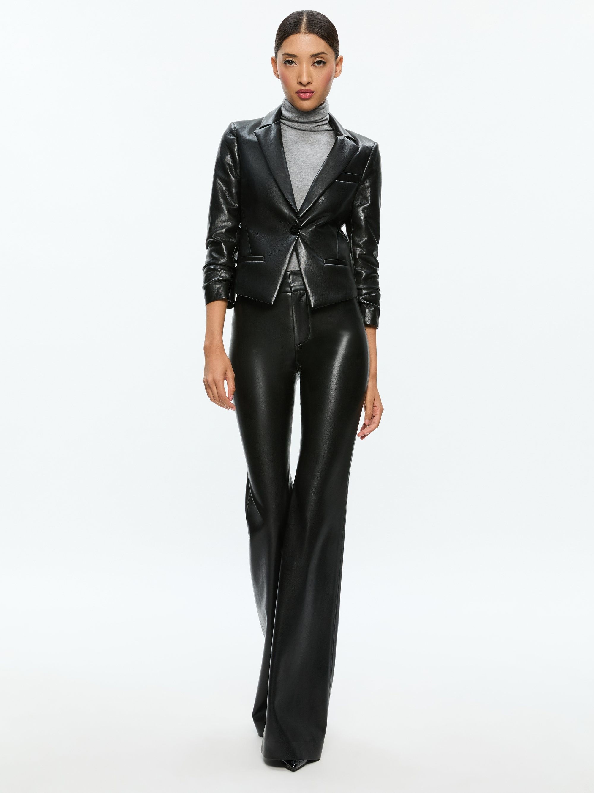 VINNIE RUCHED SLEEVE VEGAN LEATHER FITTED BLAZER - 3