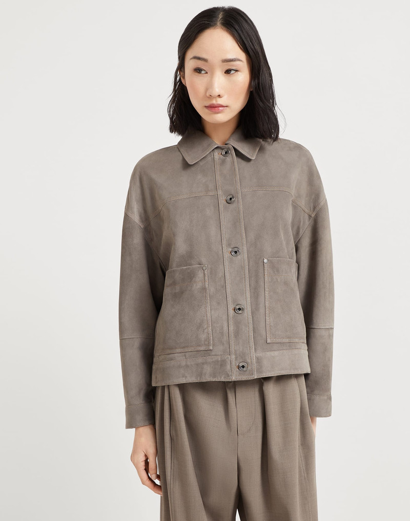 Couture suede outerwear jacket with monili 1
