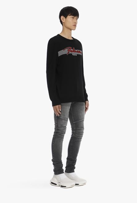 Black cotton sweater with embroidered red and white Balmain logo - 7