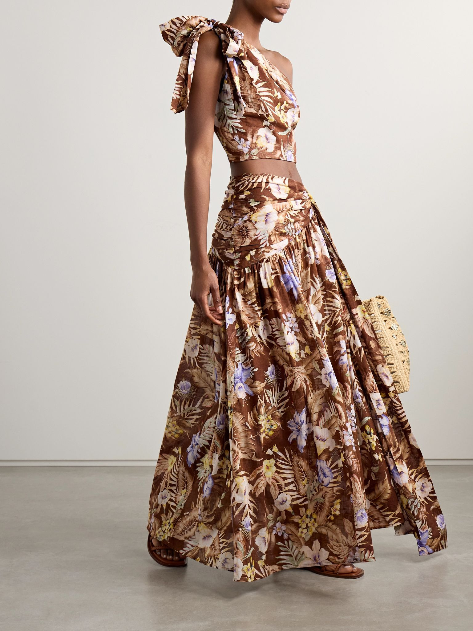 Coco belted pleated floral-print cotton-voile maxi skirt Brown - 2