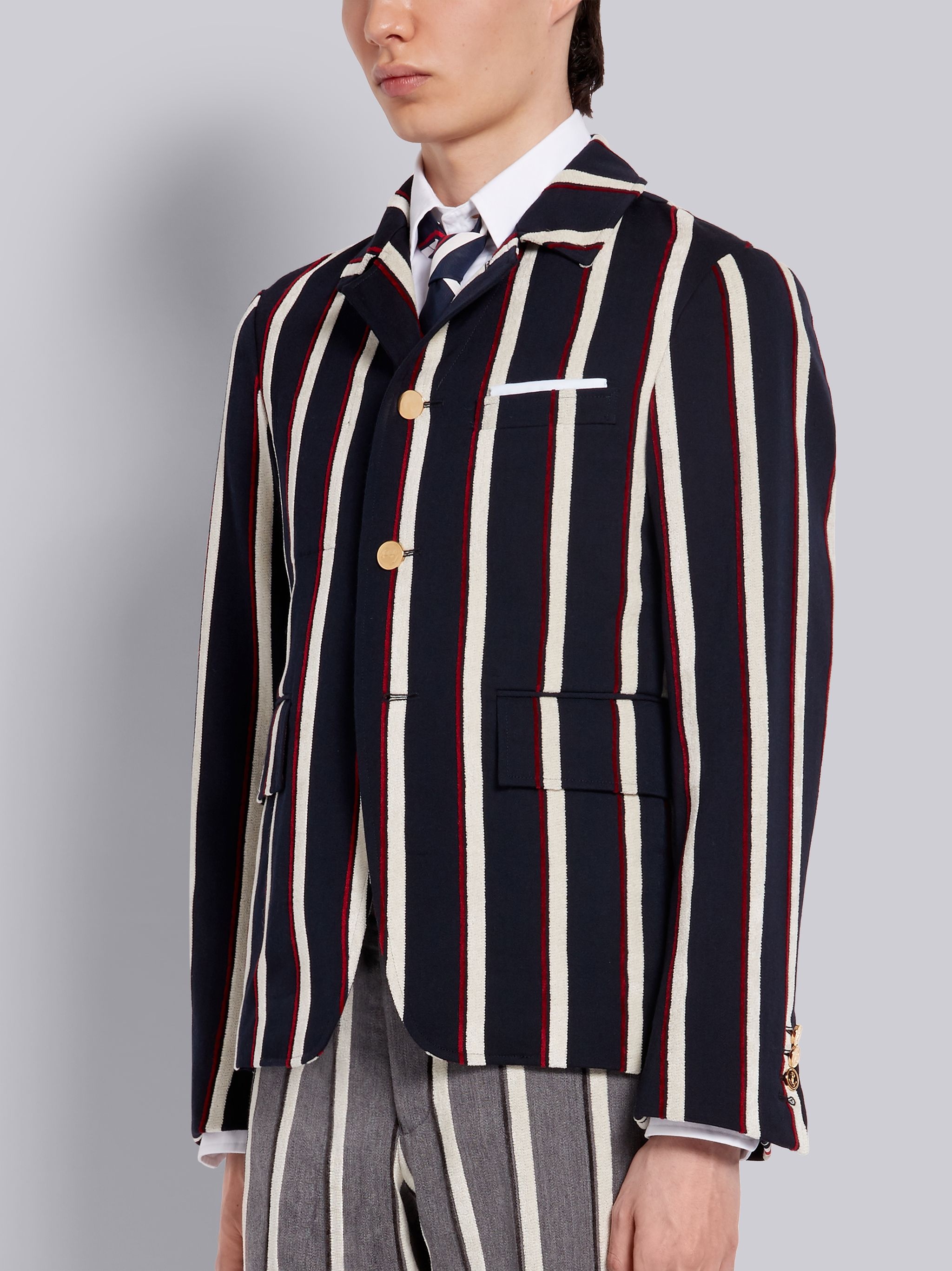 Tricolor Velvet Bold Rep Stripe Wool Cotton Suiting Cutaway Jacket - 2