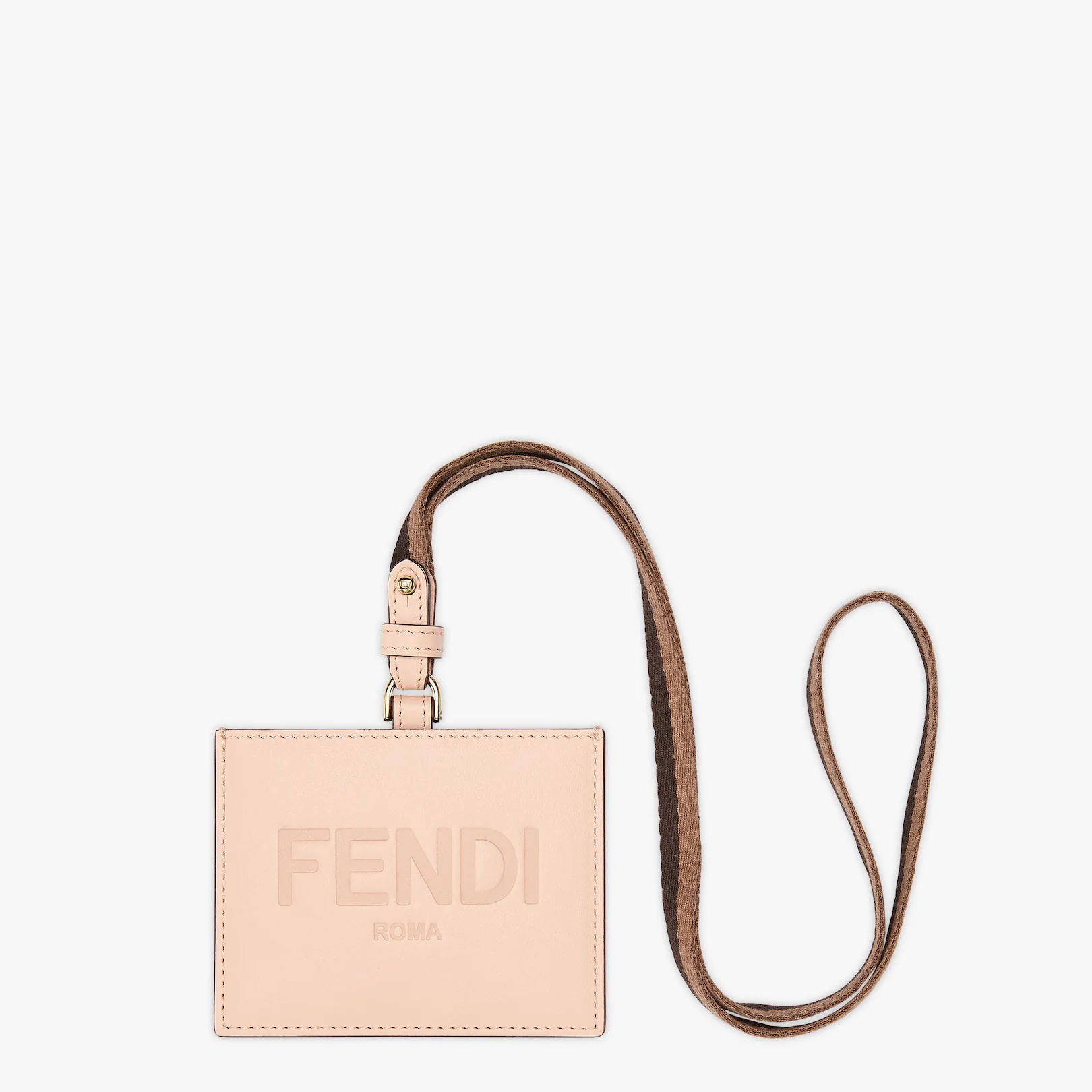 Fendi Roma name badge with a flat pocket and Pequin ribbon strap. Made of pale pink leather. Embelli - 1