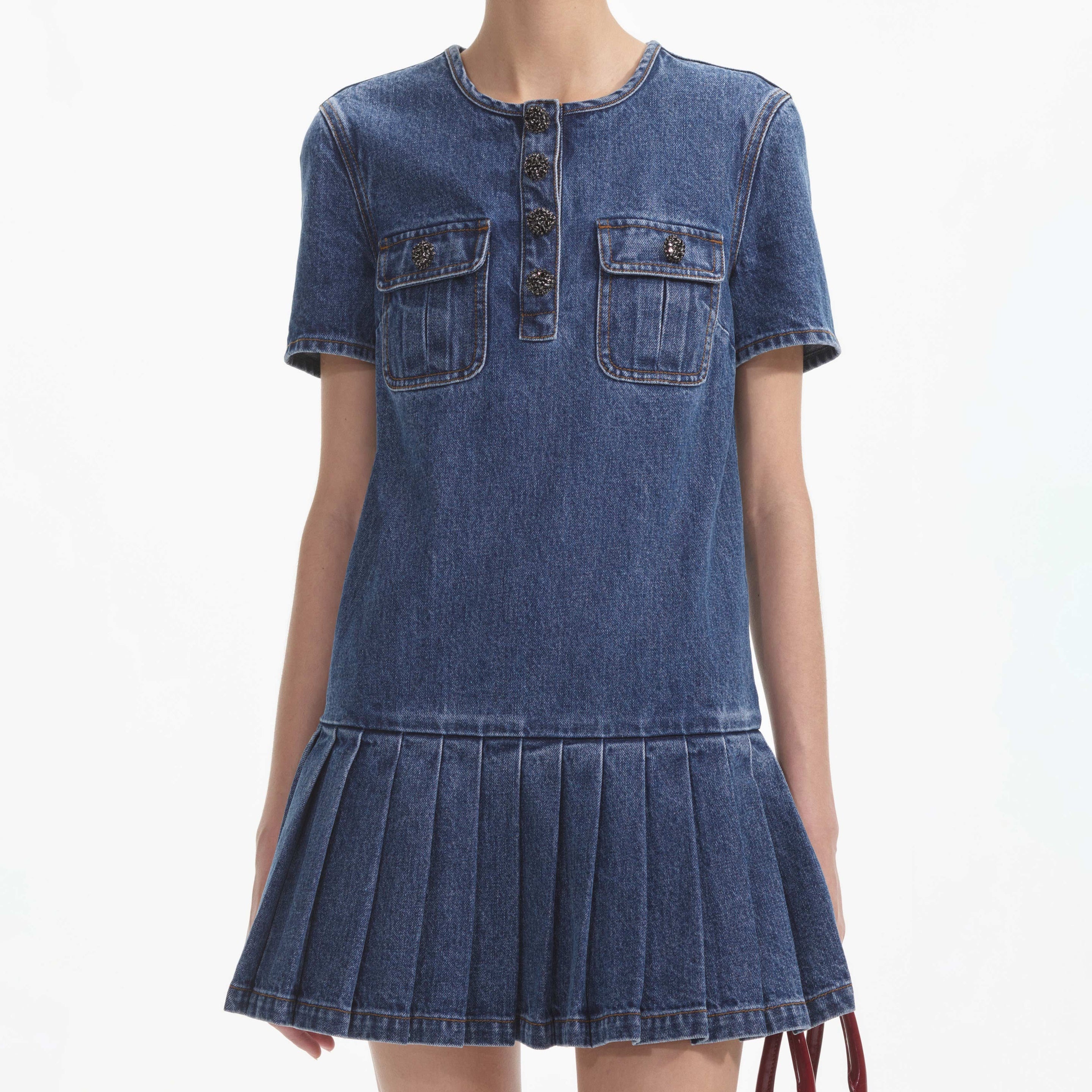 Pleated Denim Mini Dress - 4