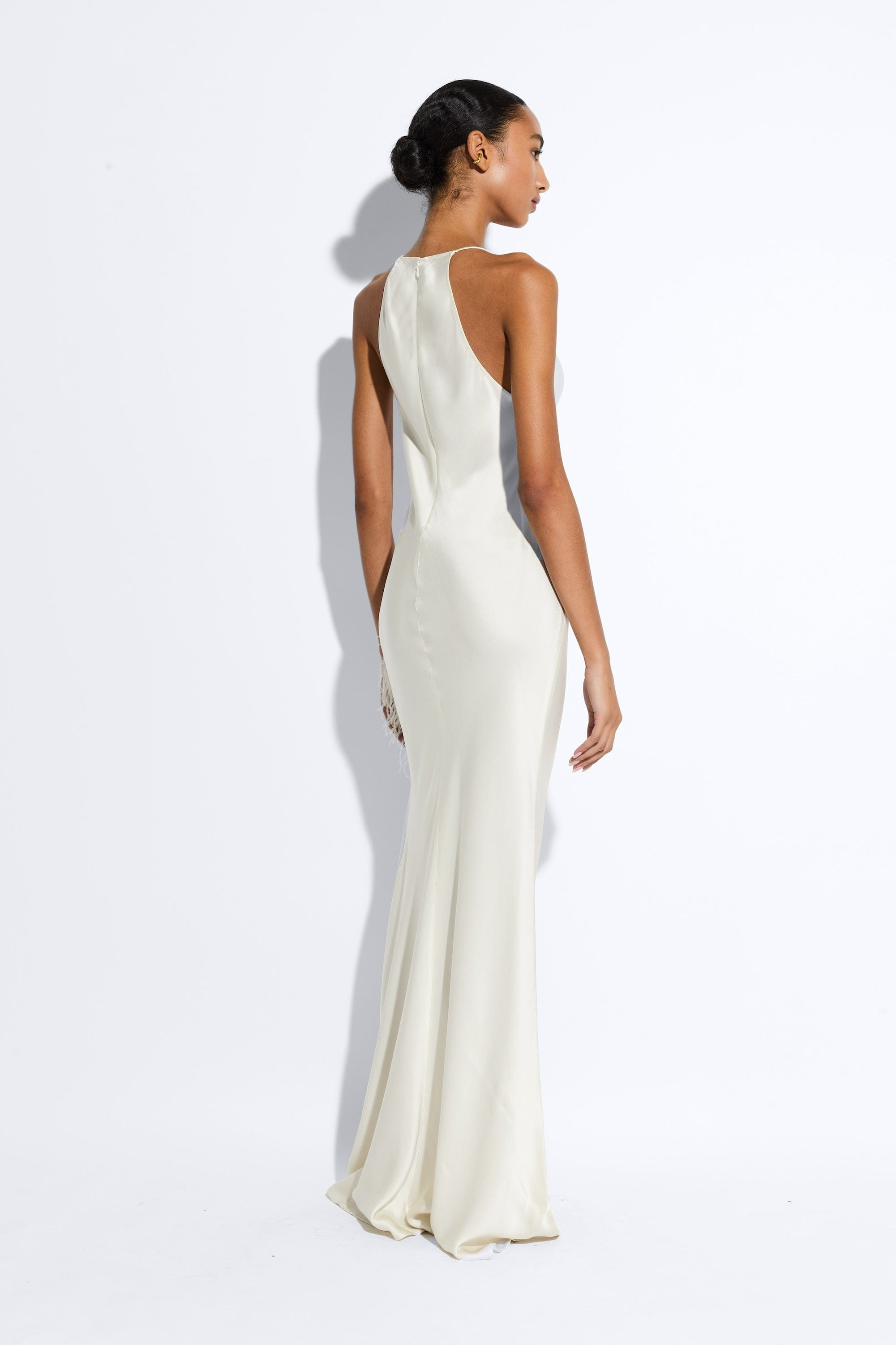 Satin Cowl Neck Gown With Feathers - 3
