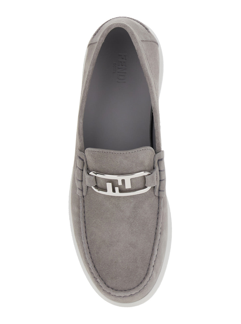Fendi Men Grey Loafers With Ff Metal Buckle And Contrasting Sole In Suede Man - 4