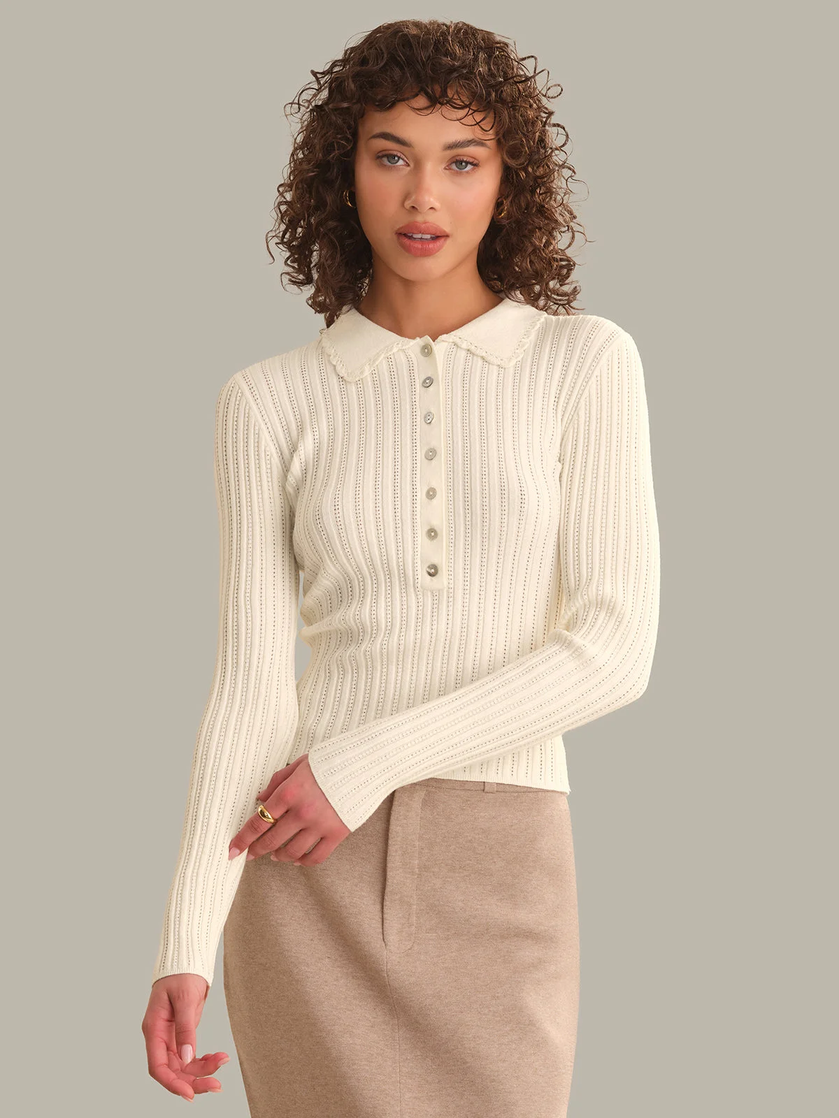 Tabitha Crochet Collar Long Sleeve Henley - 1