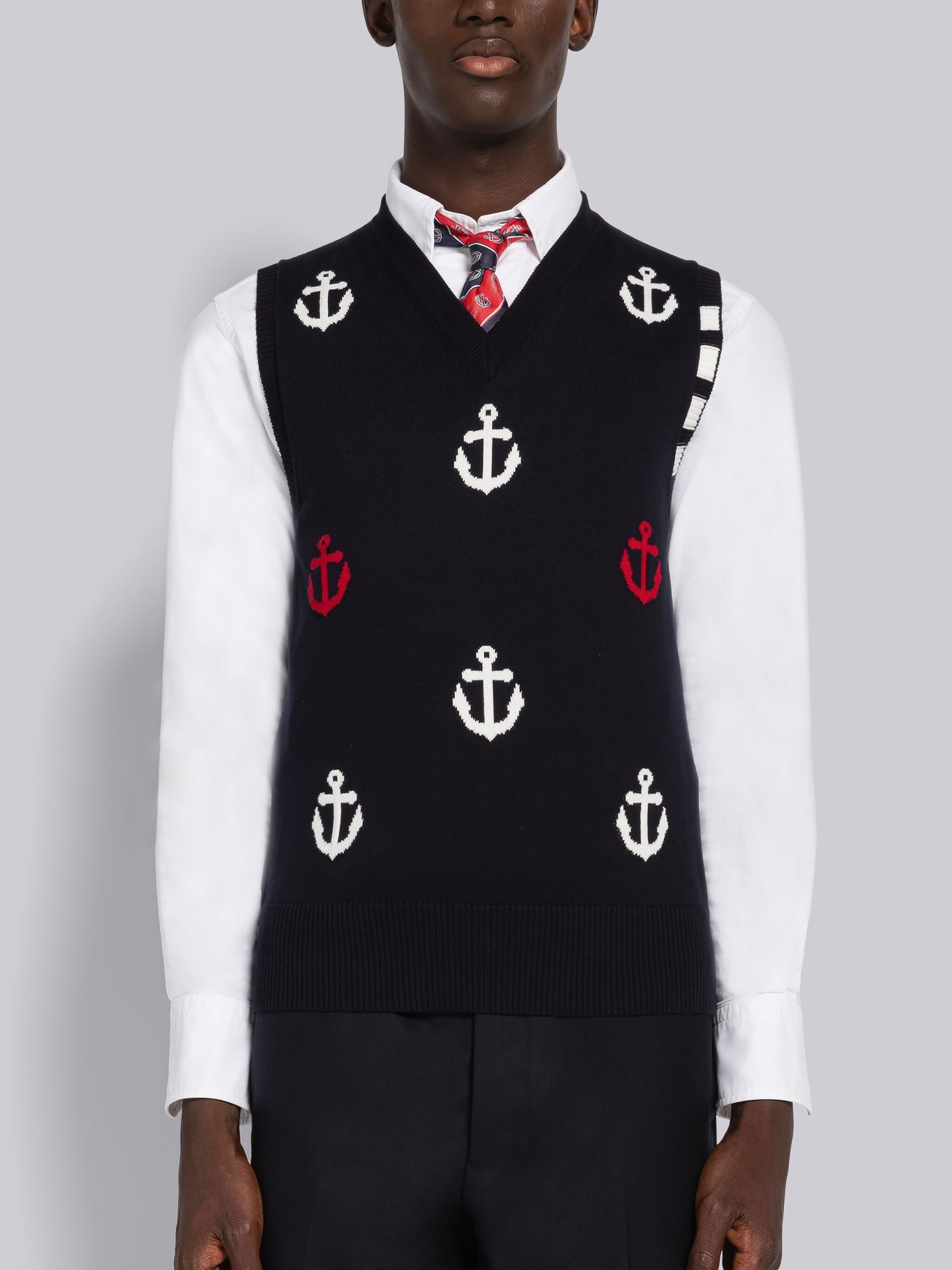Anchor Intarsia 4-Bar V-Neck Vest - 1